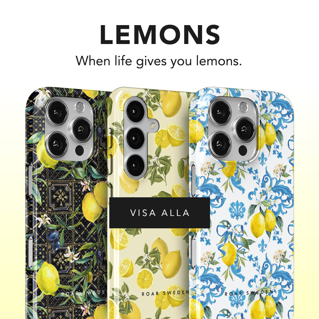 Assorted lemon-themed phone cases from the 'limited edition 2024' collection.