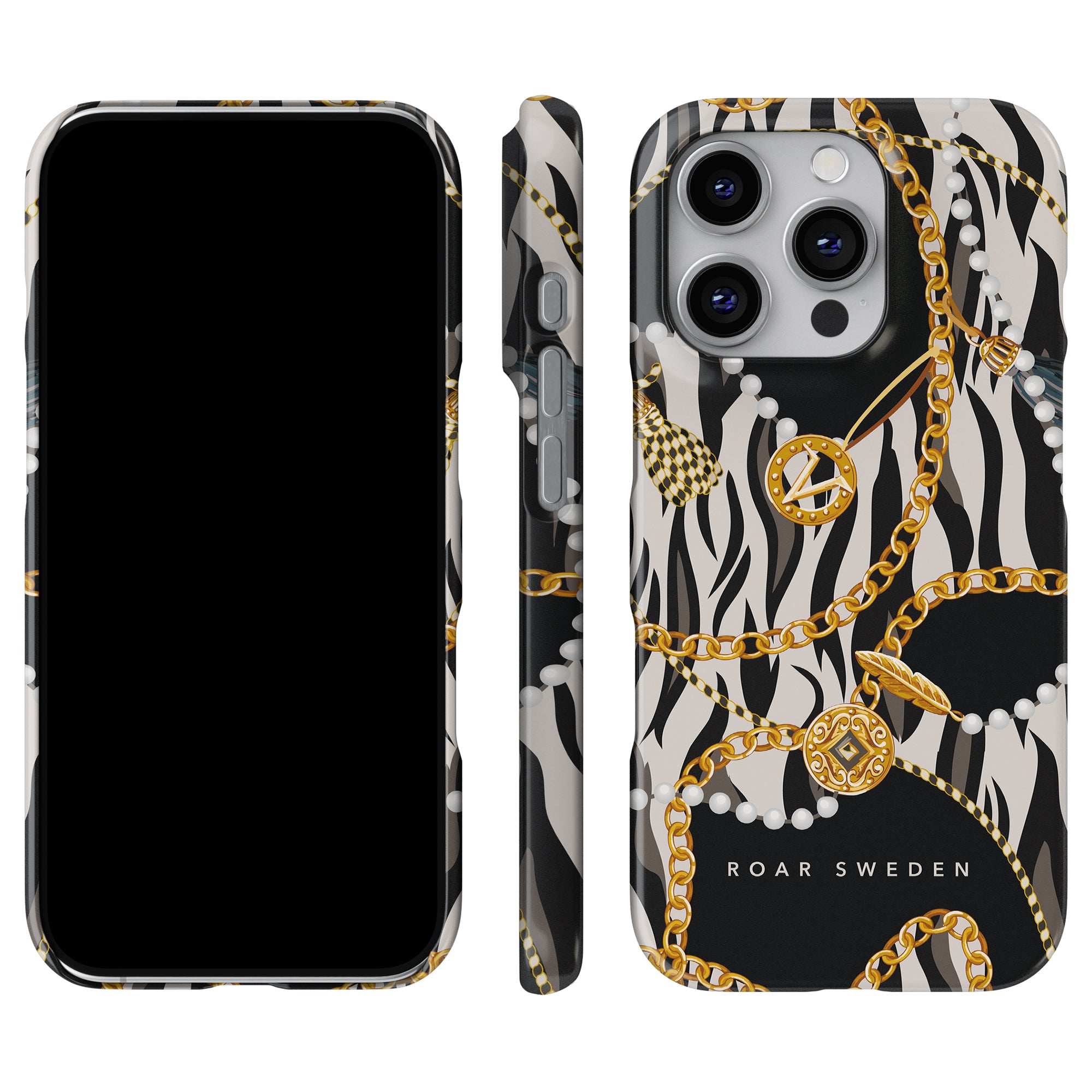 a black and white phone case with gold chains