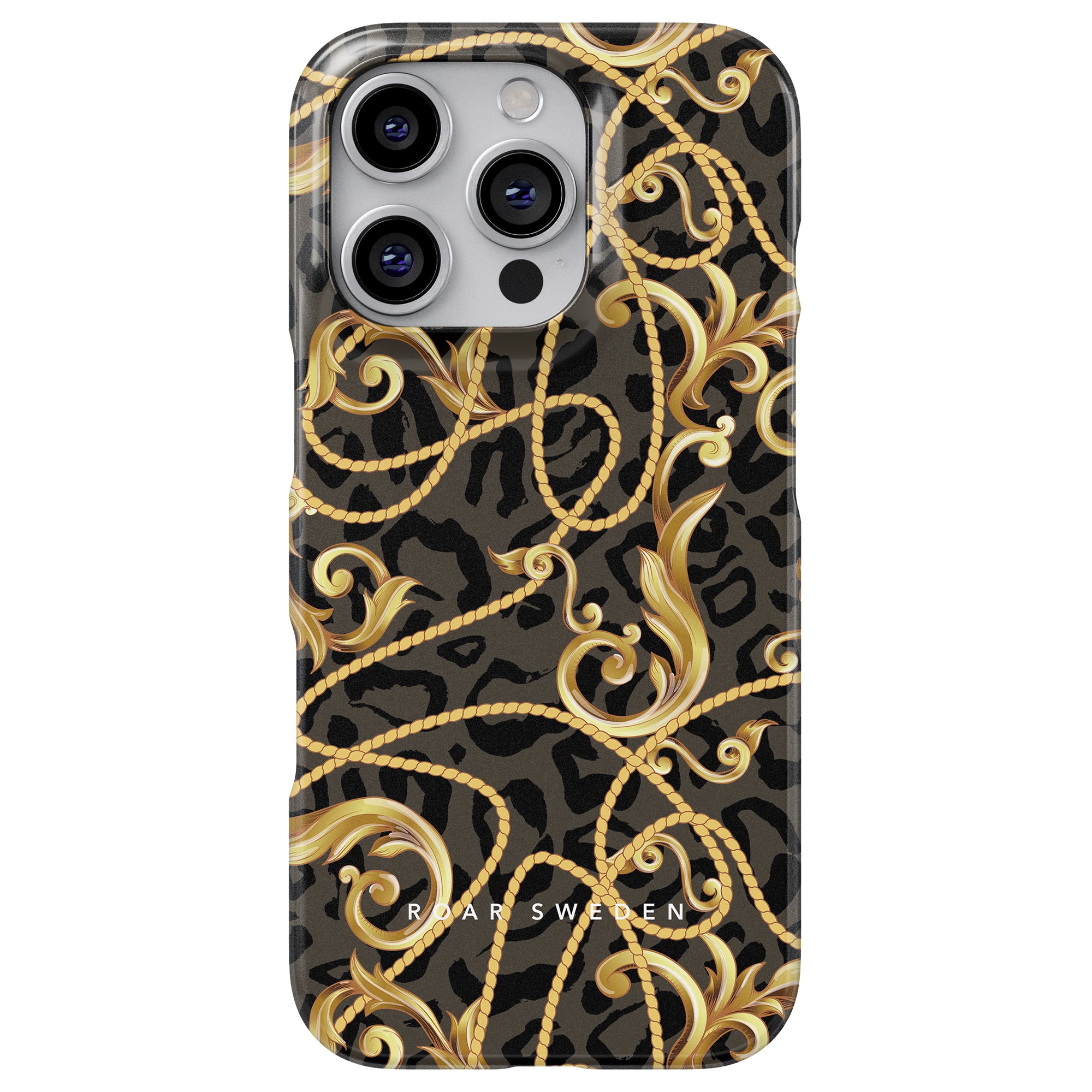 Ett Baroque - Slim fodral, med en elegant design av guld och svart leopardtryck i virvlande mönster, pryder smartphonen. Detta dekorativa fodral kombinerar sofistikering med perfekt skydd för smartphone.