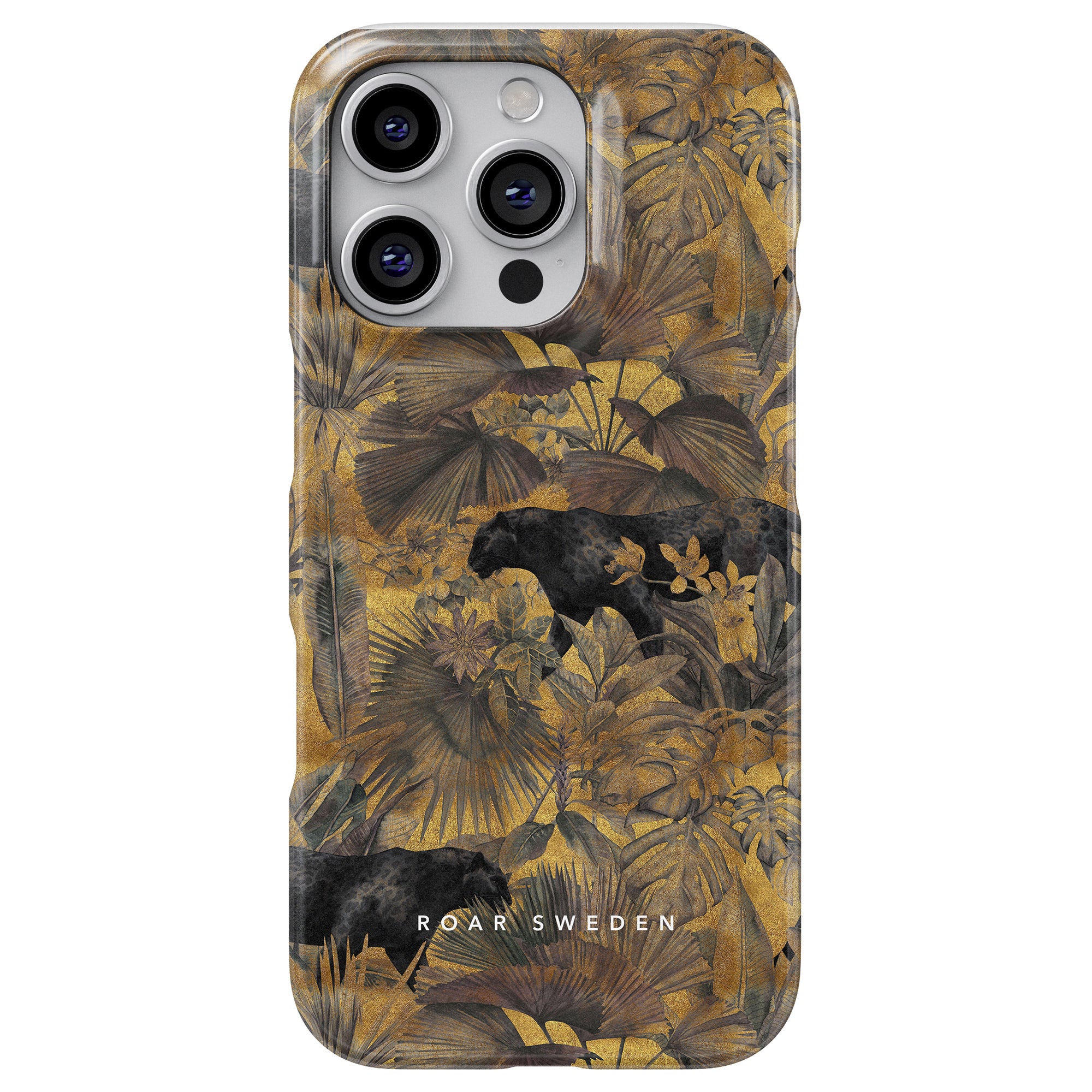 En smartphone med ett Hunter - Slim fodral, som framhäver ett blommigt och svart pantertema i guld och svarta nyanser, märkt "Roar Sweden." Tillverkad av hållbara material utstrålar den en rustik elegans som är både stilren och miljövänlig.