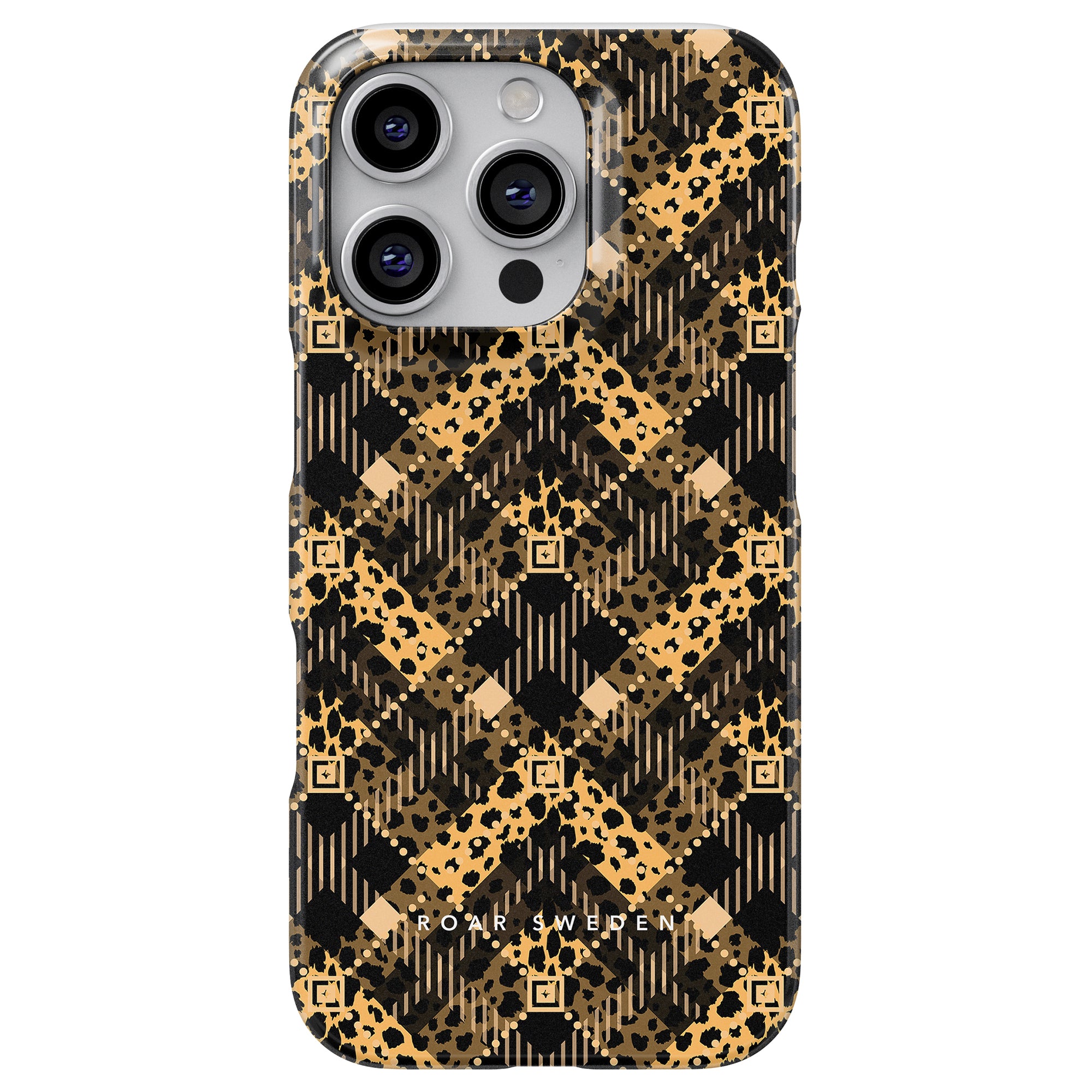 En smartphone inkapslad i Luxe Leo - Slim fodral, med en geometrisk och leopardmönstrad design med eleganta svarta och guldnyanser.