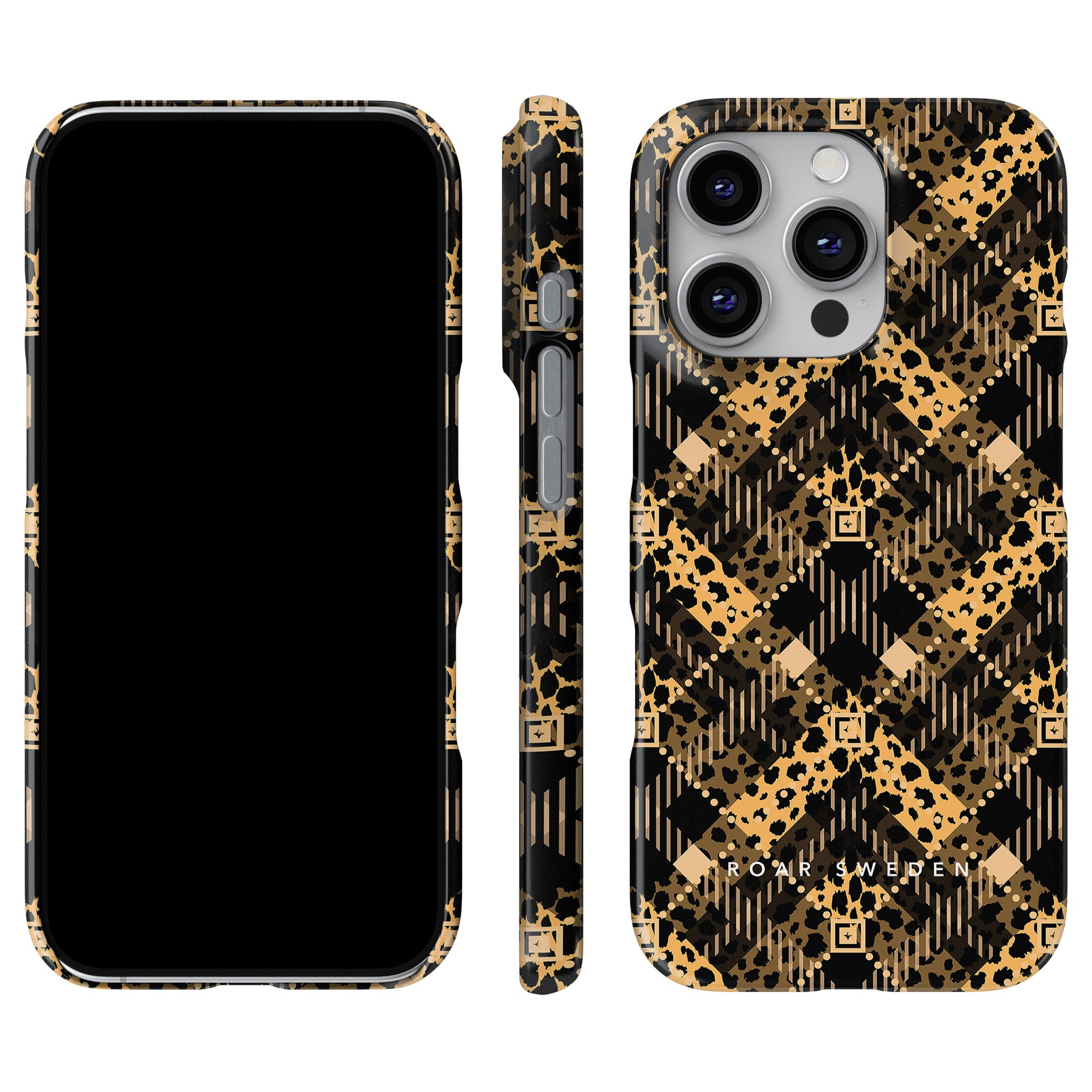 Tre vinklar visar upp en smartphone prydd med Luxe Leo Slim Case, med ett elegant svart och guld geometriskt mönster.