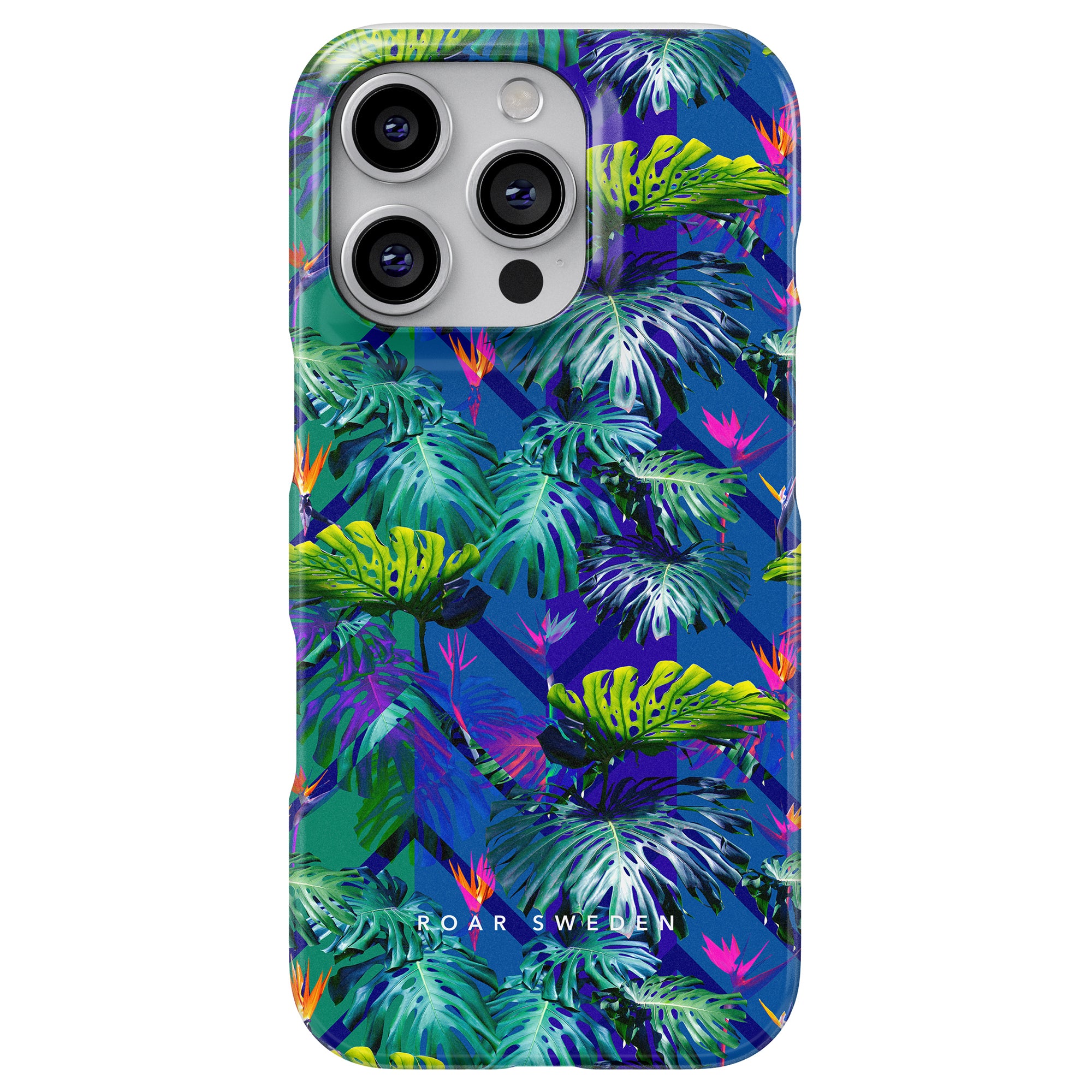 Smartphone med ett Maui Slim-fodral med en design med blomtema som visar livfulla gröna och lila löv på en blå bakgrund, som förkroppsligar tropisk skönhet.