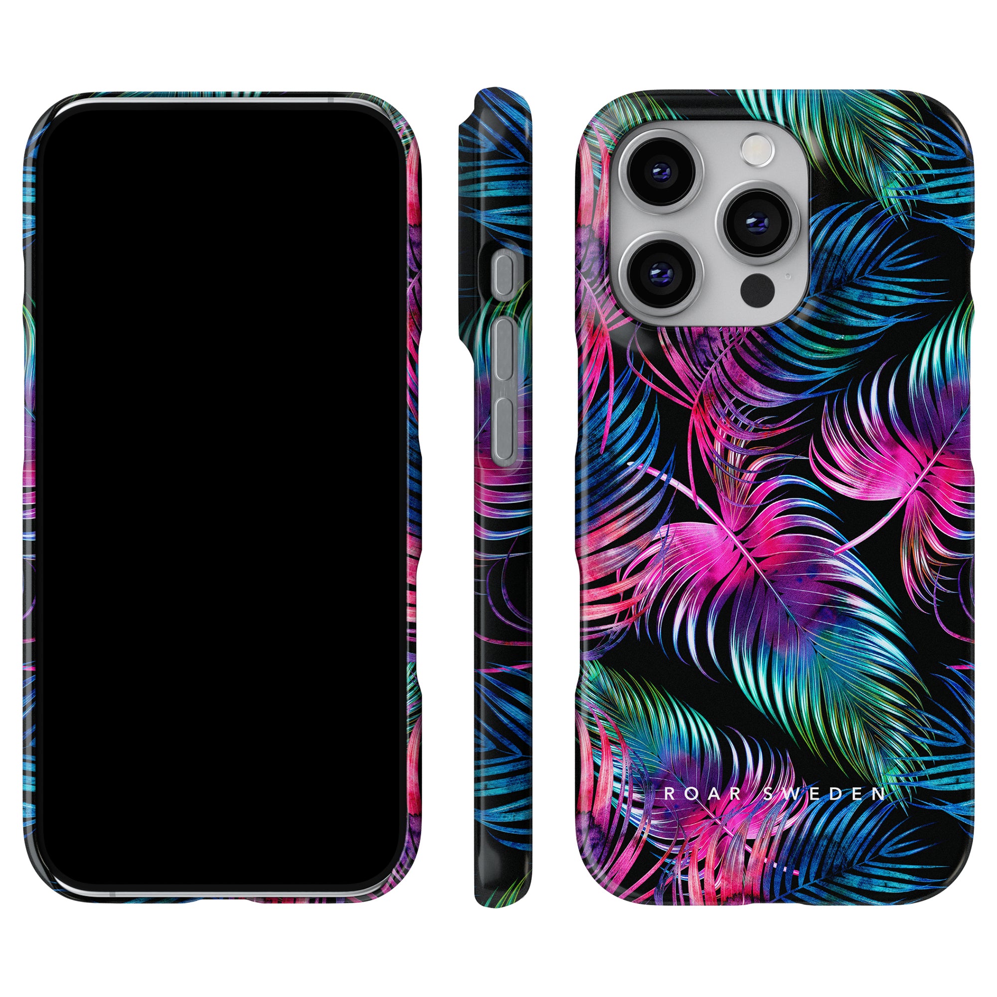 Smartphone utrustad med en livfull Neon Fern - Slim Case, som visar upp en naturinspirerad design i rosa, blått och grönt på en svart bakgrund. Fodralet visas framifrån, från sidan och bakifrån.