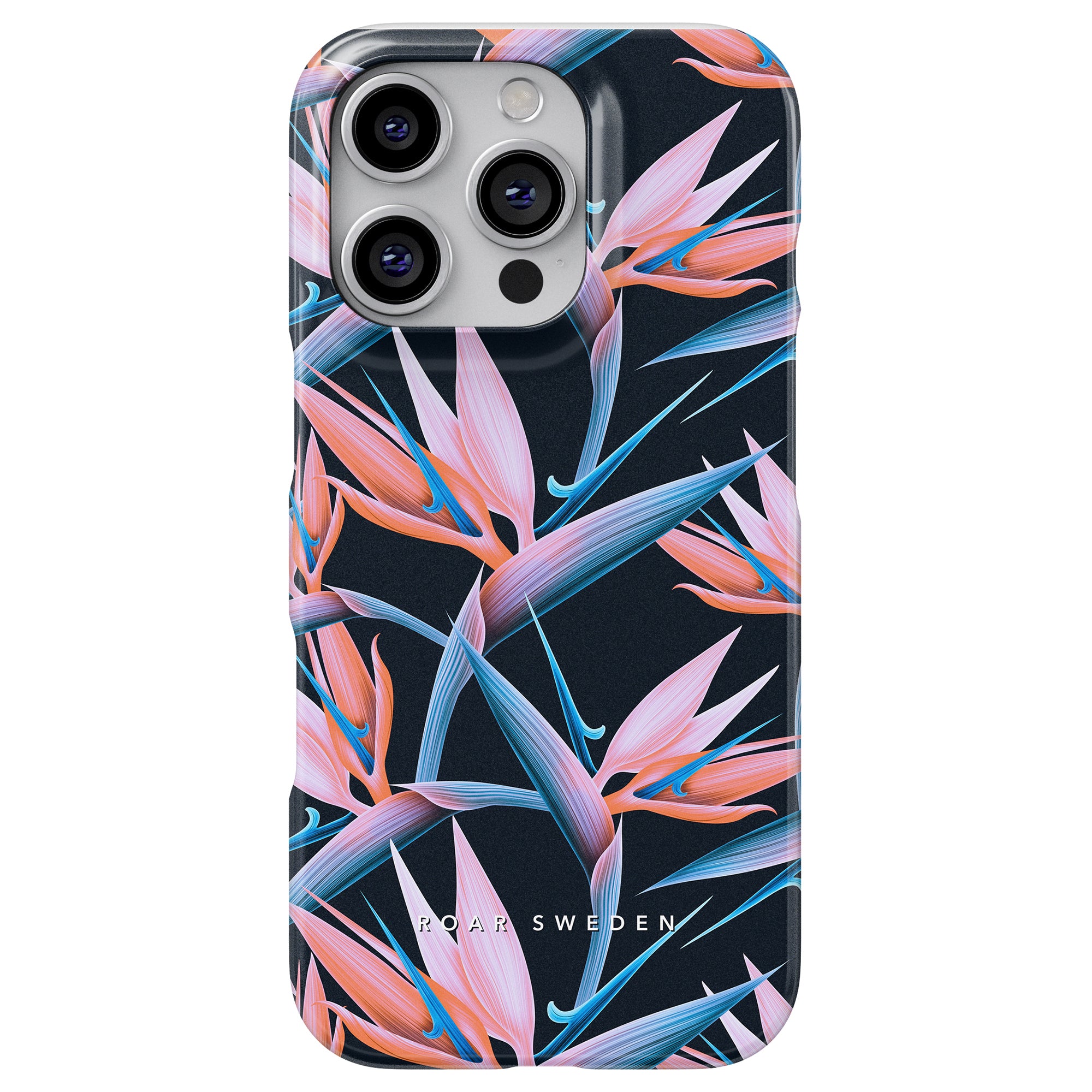 Vi presenterar Paradise - Slim Case från Roar Sweden – ett telefonfodral prydd med en blommig design av rosa och blå paradisfågelblommor på en mörk bakgrund. Upplev neonblommors livfulla tjusning som verkligen får din enhet att sticka ut.