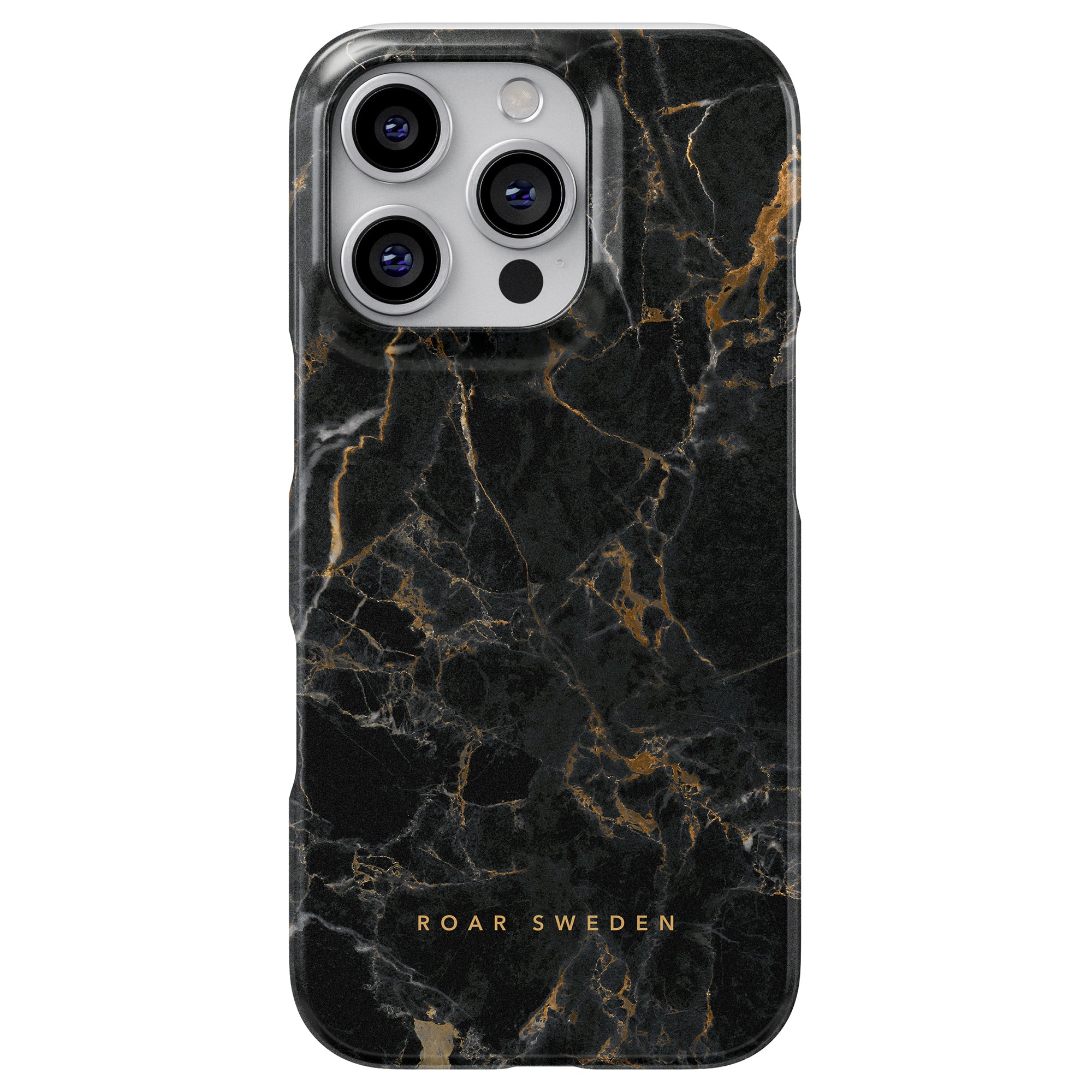 Ett elegant smartphonefodral med en sofistikerad svart- och guldmarmordesign med inskriptionen "ROAR SWEDEN" längst ner. Detta Portoro Slim Case ger en touch av elegans till din enhet.