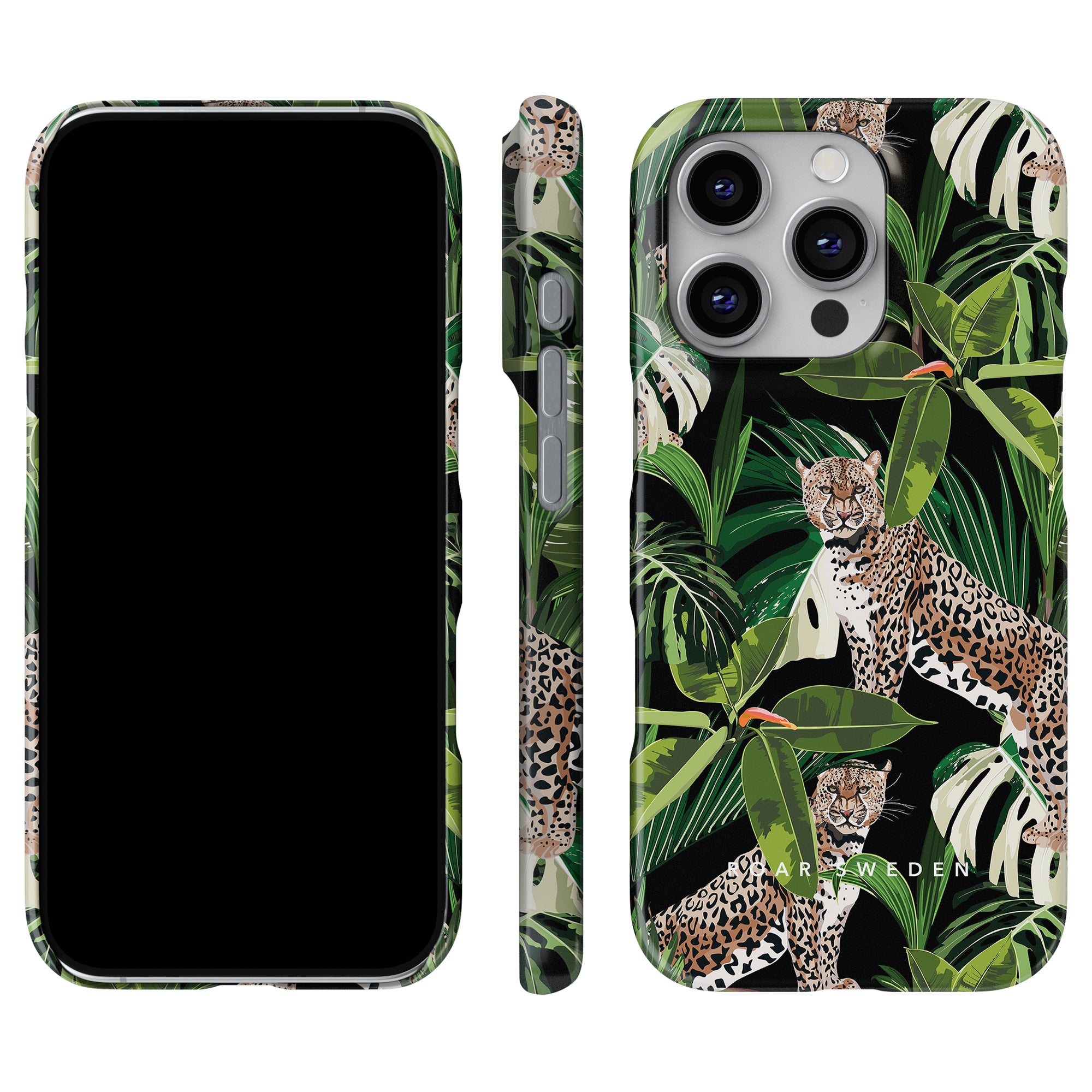 Rainforest - Slimmet fodral visar upp en tropisk design med leoparder och frodiga gröna löv, framifrån, från sidan och bakifrån.