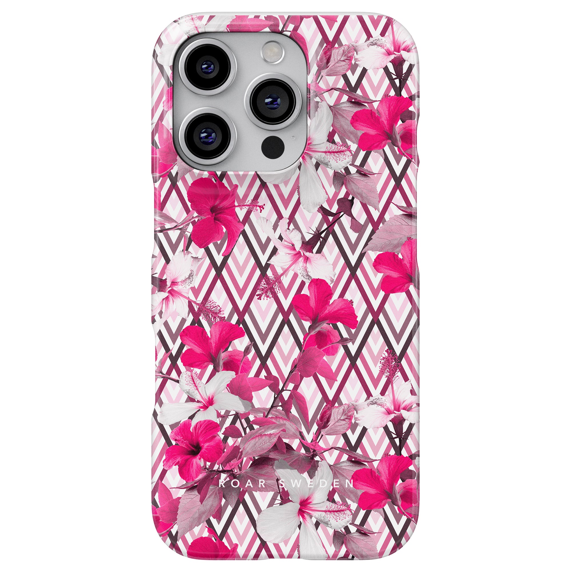 Vi presenterar "Rhombus - Slim case", ett smartphonetillbehör med en livfull bakgrund prydd med rosa och vita blommor i en slående rombform.