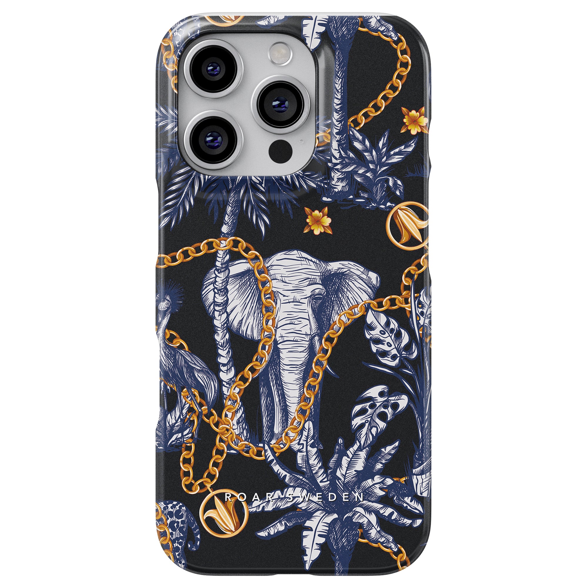 Vi presenterar Safari Slim Case för din smartphone, med en elegant elefantdesign accentuerad med guldkedjor och livfullt tropiskt lövverk. Perfekt för naturälskande trendsättare, denna mobilskal blandar sömlöst stil och elegans.