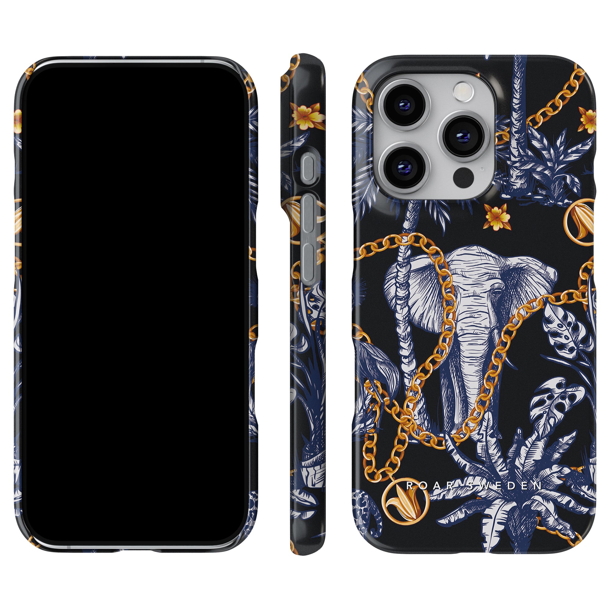 Safari - Slim-fodralet är ett elegant telefonskal dekorerat med kedjor, blommor och en elefant på en mörk bakgrund. Den ger ett komplett repskydd och erbjuder detaljerade vyer framifrån, från sidan och bakifrån.