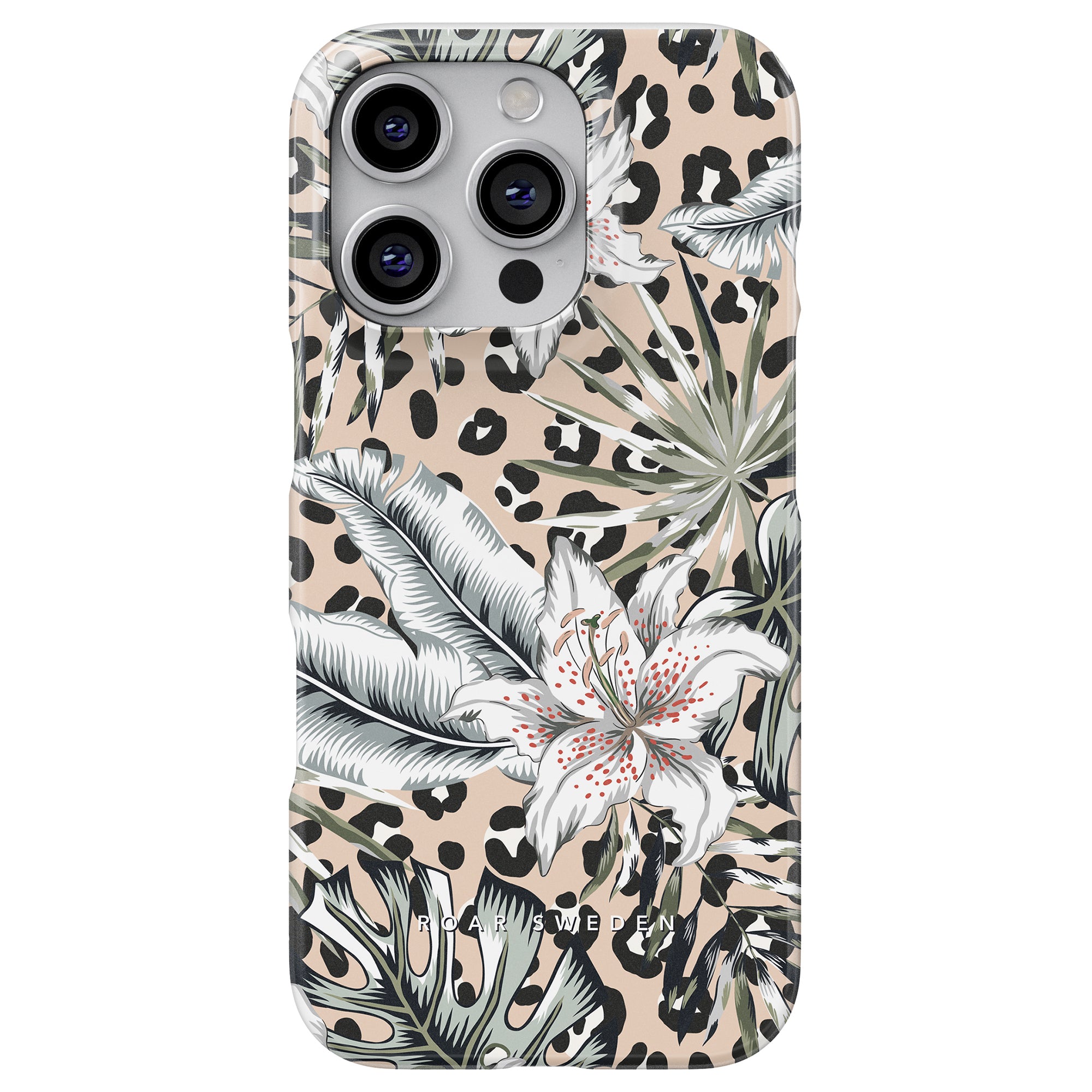 Senna Slim Case är en elegant mobilskal som har en design med tropiska blommor och leopardtryck, som visar upp stora vita liljor och gröna blad på en beige bakgrund. Detta eleganta fodral lägger till en touch av exotisk skönhet till din telefon samtidigt som den sömlöst blandar stil med funktionalitet.