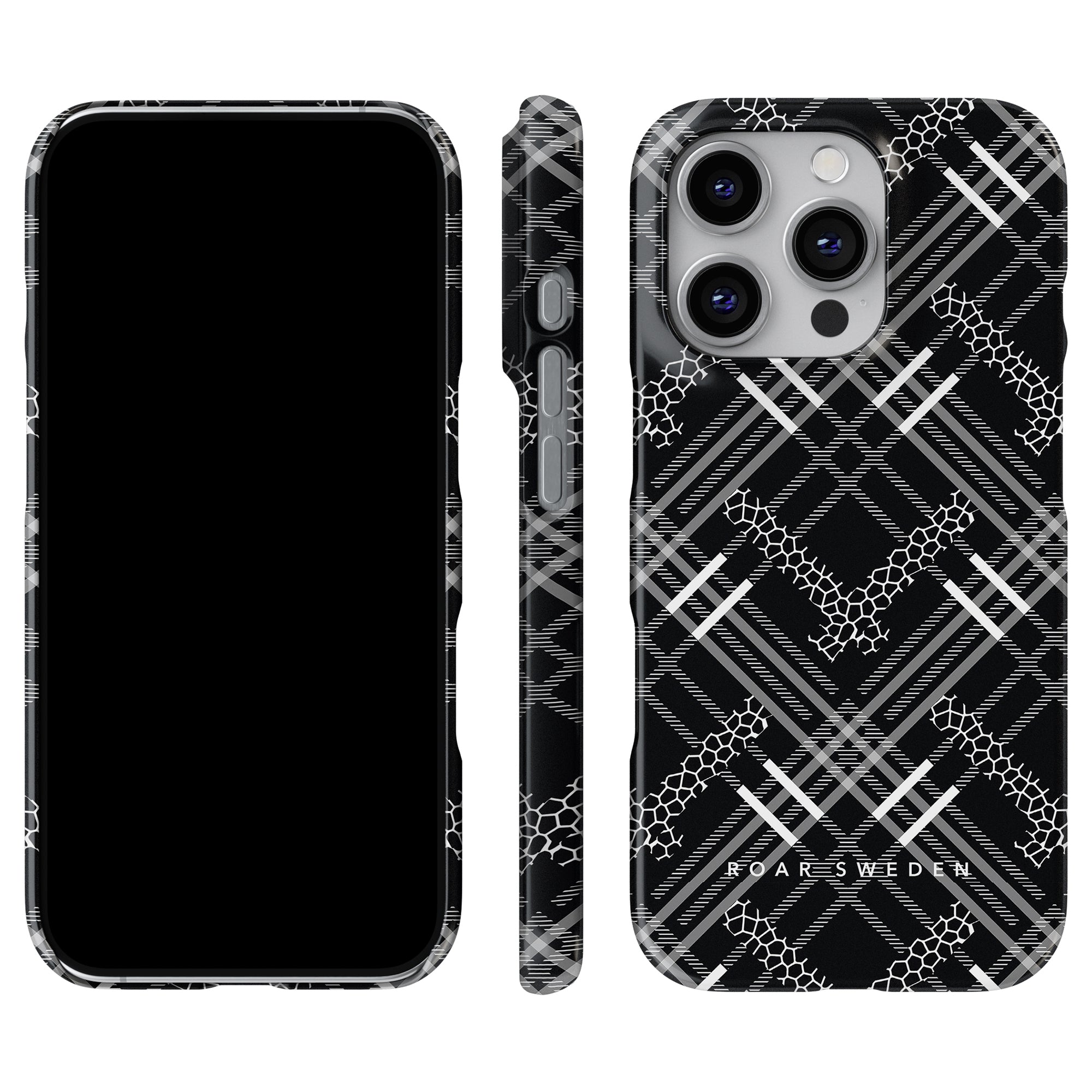 Tartan Giraffe - Smal fodral, ett smartphonetillbehör med ett svartvitt mönstrat grafiskt mönster, som visar upp pläd och geometrisk design framifrån, från sidan och bakifrån.