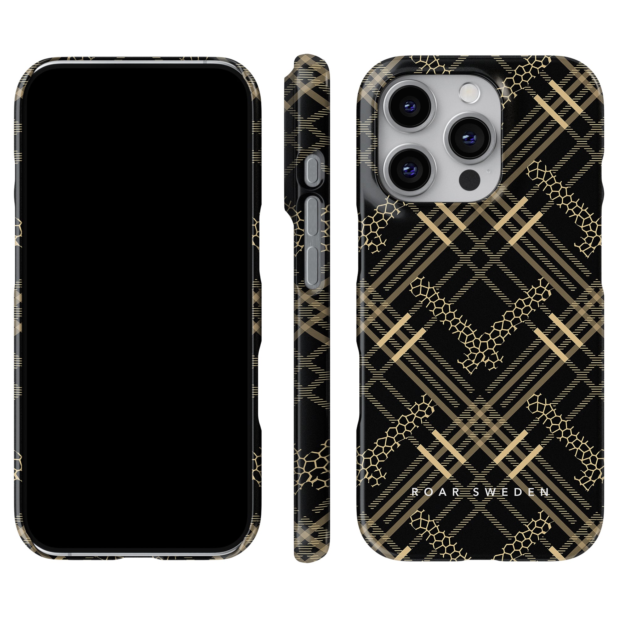 Tartan Leo - Slim Case skyddar elegant din smartphone med ett elegant geometriskt svart- och guldmönster, uppvisat från alla vinklar av Roar Sweden.