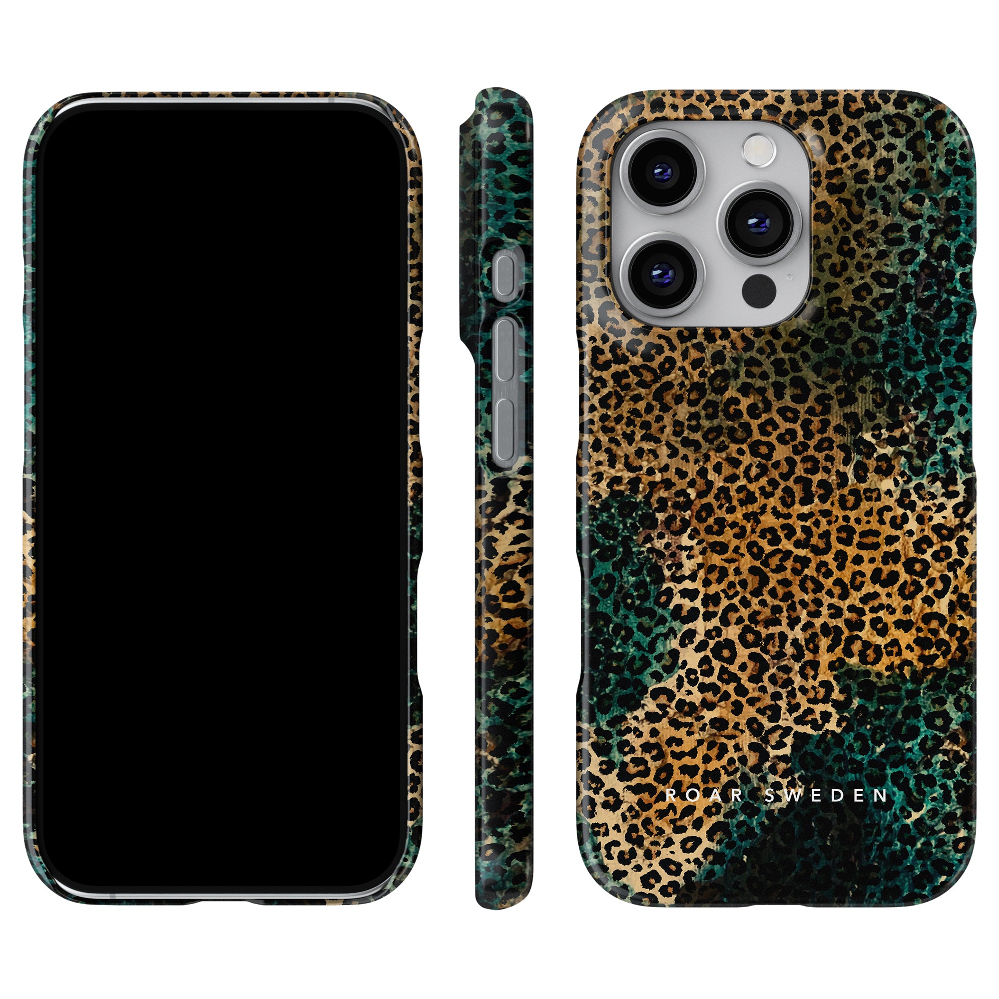 Wildcat - Slim case med leopardmönster pryder en smartphone, visad framifrån, från sidan och bakifrån. Det eleganta skalet ger också skydd mot stötar och repor.