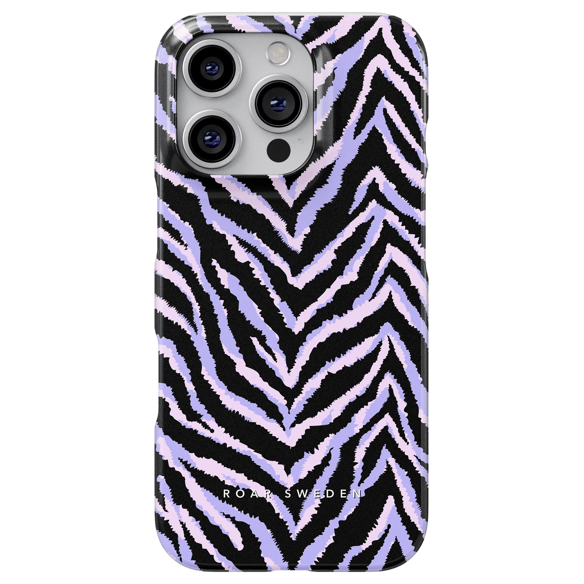 En smartphone med Zebra - Slim Case i svart och lila, som fångar djurrikets mönsterstil.