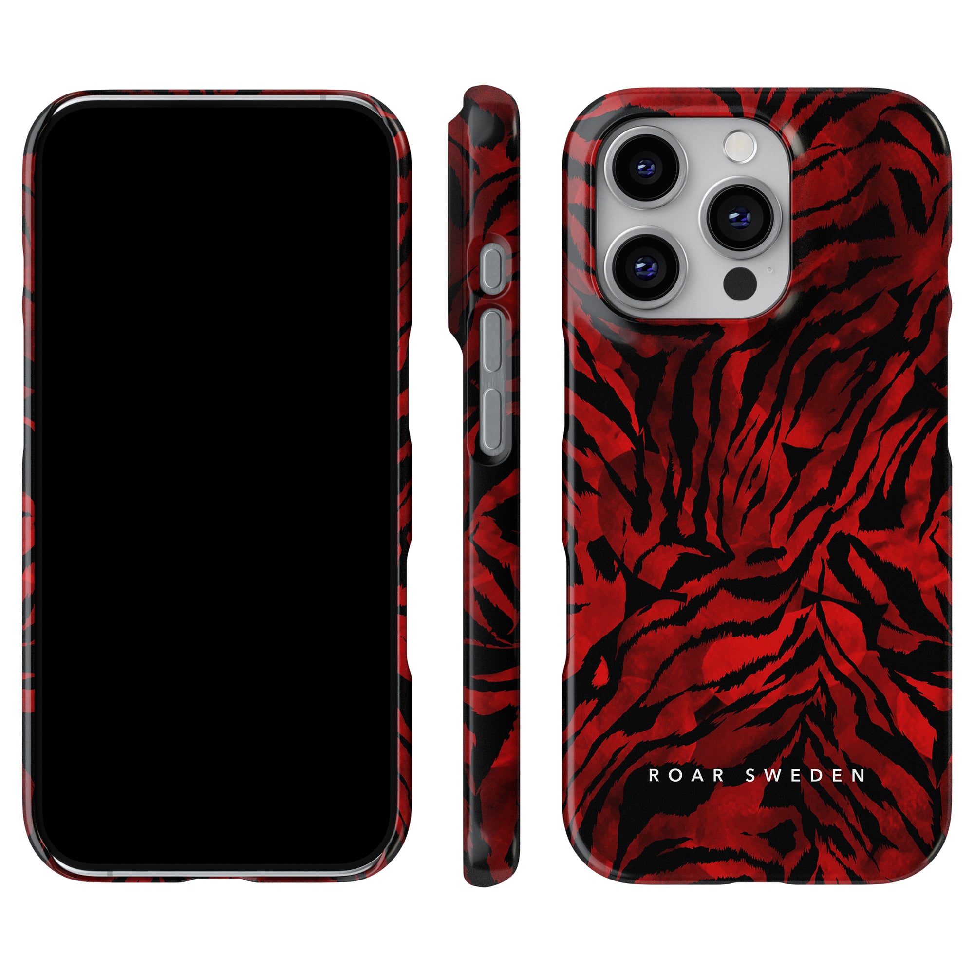 a red and black tiger print phone case