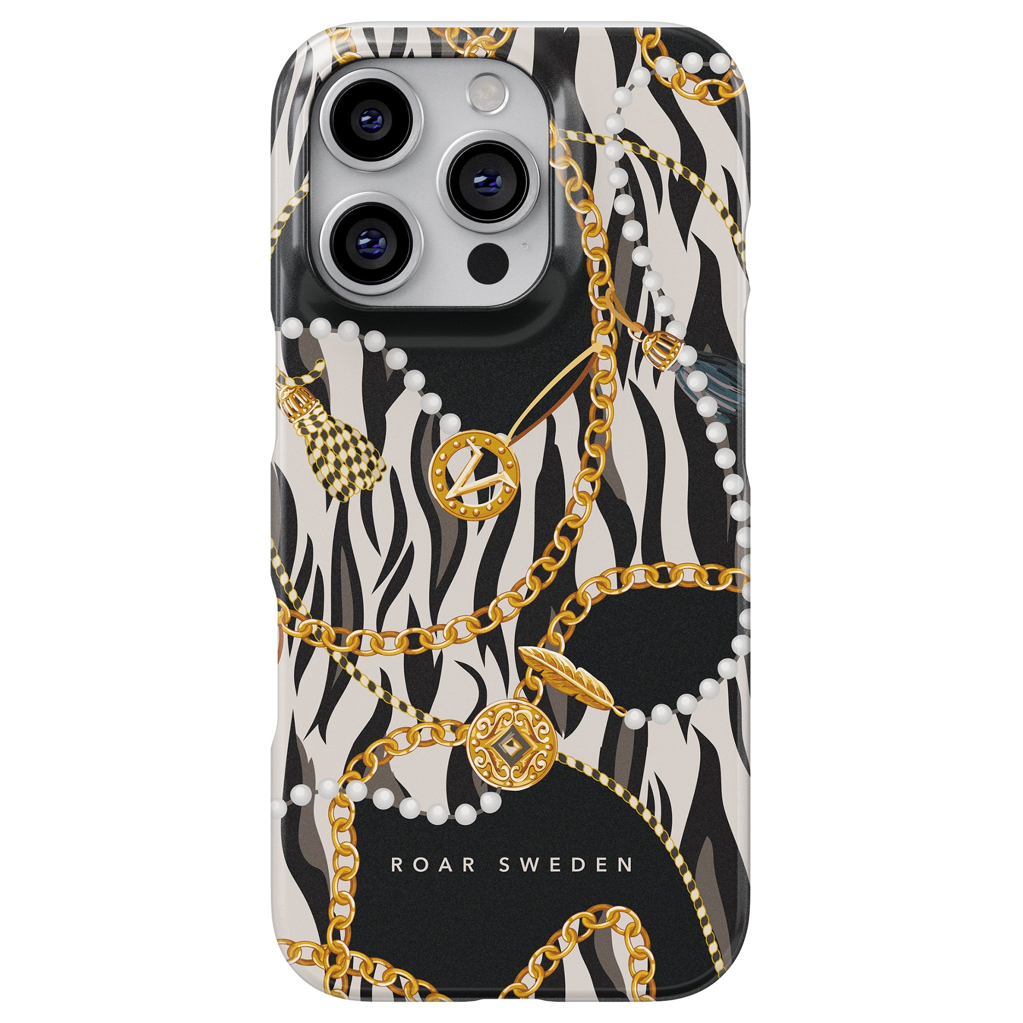 a black and white phone case with gold chains