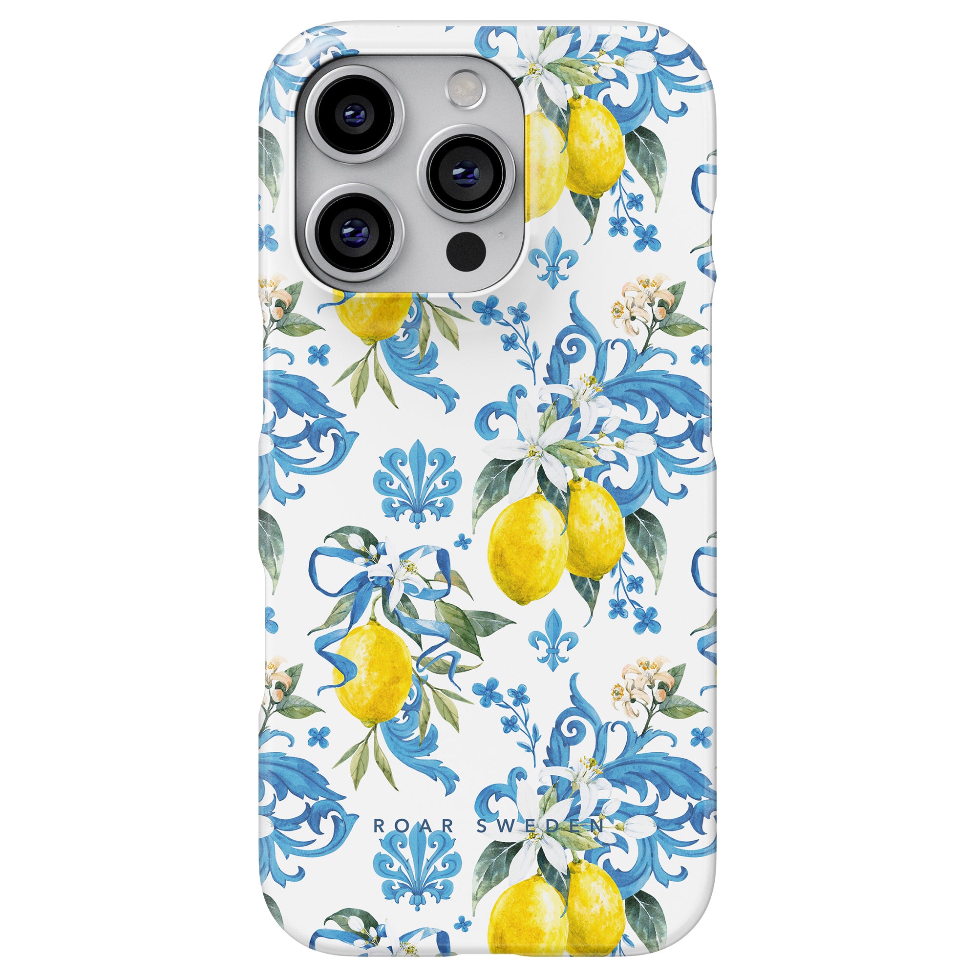 a phone case with lemons and blue flowers