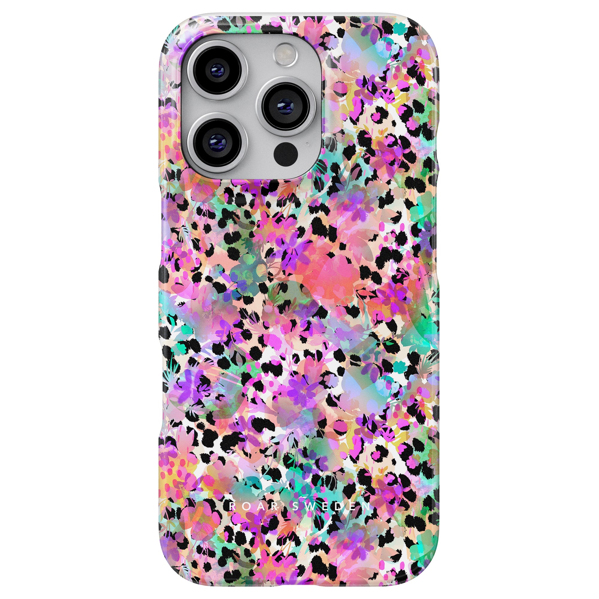 a phone case with a colorful leopard print