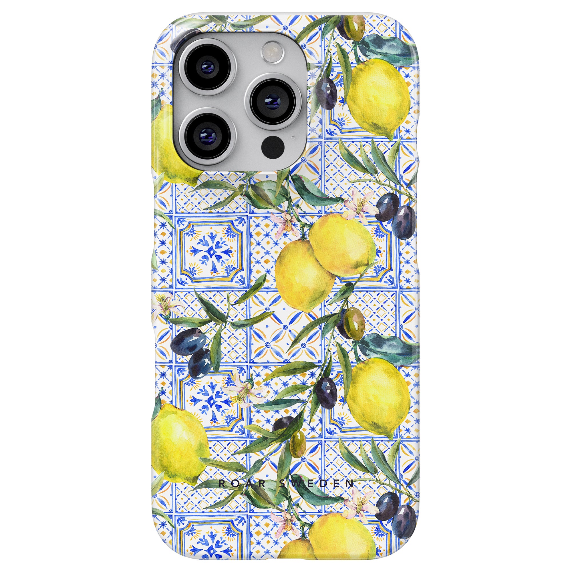 a phone case with lemons and olives on it