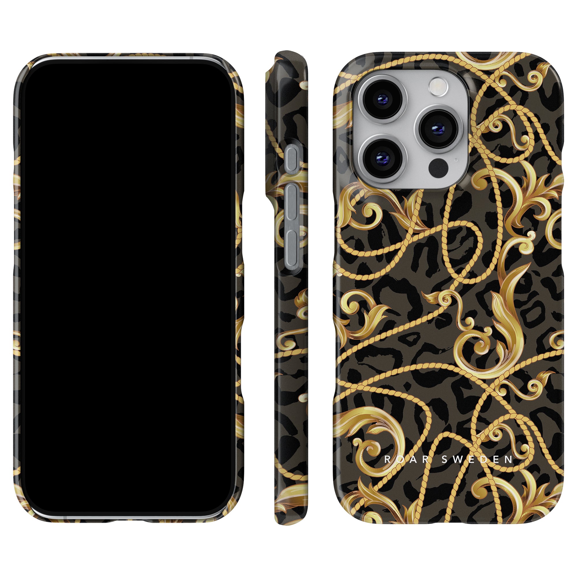 a cell phone case with a black and gold pattern