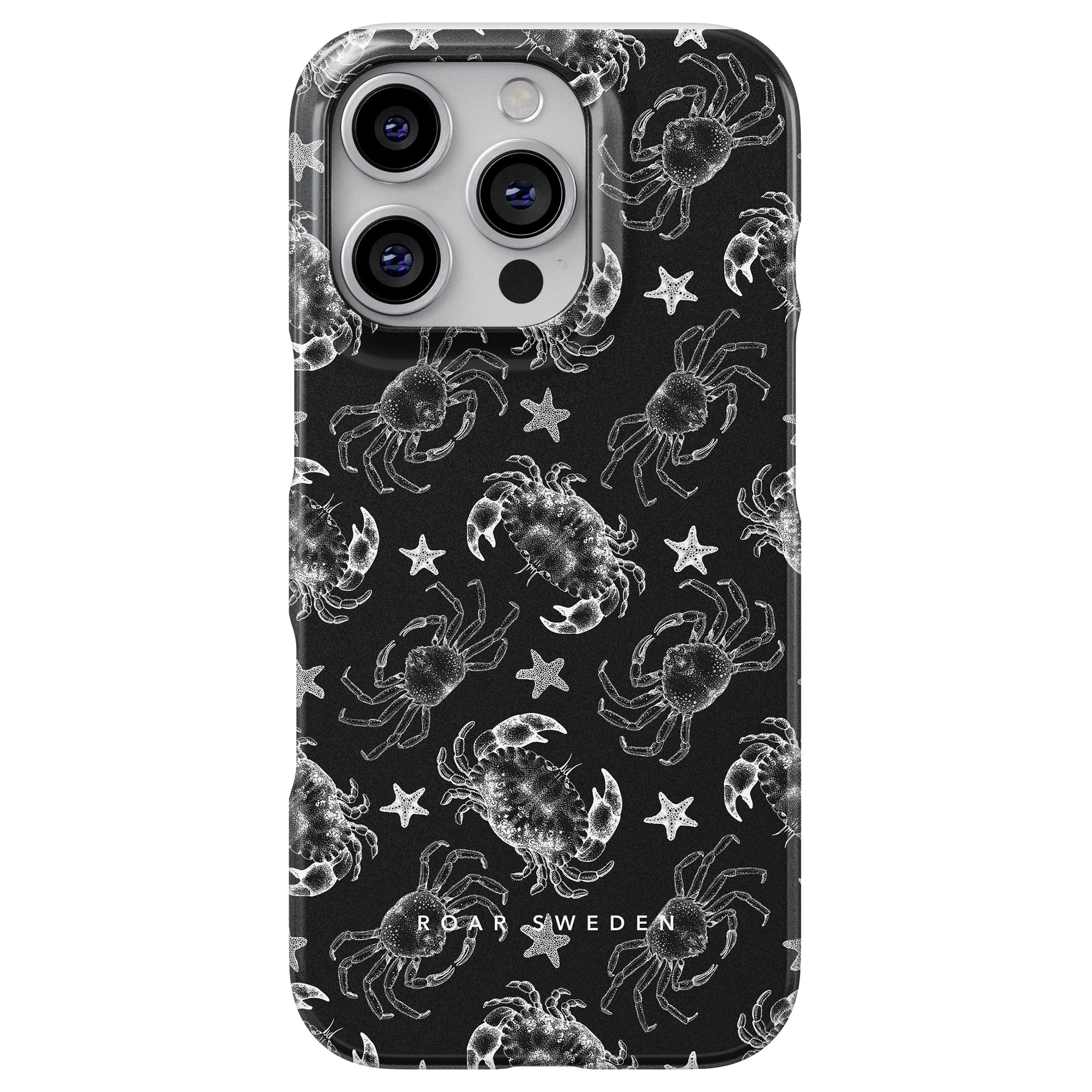 a black and white phone case with crabs on it