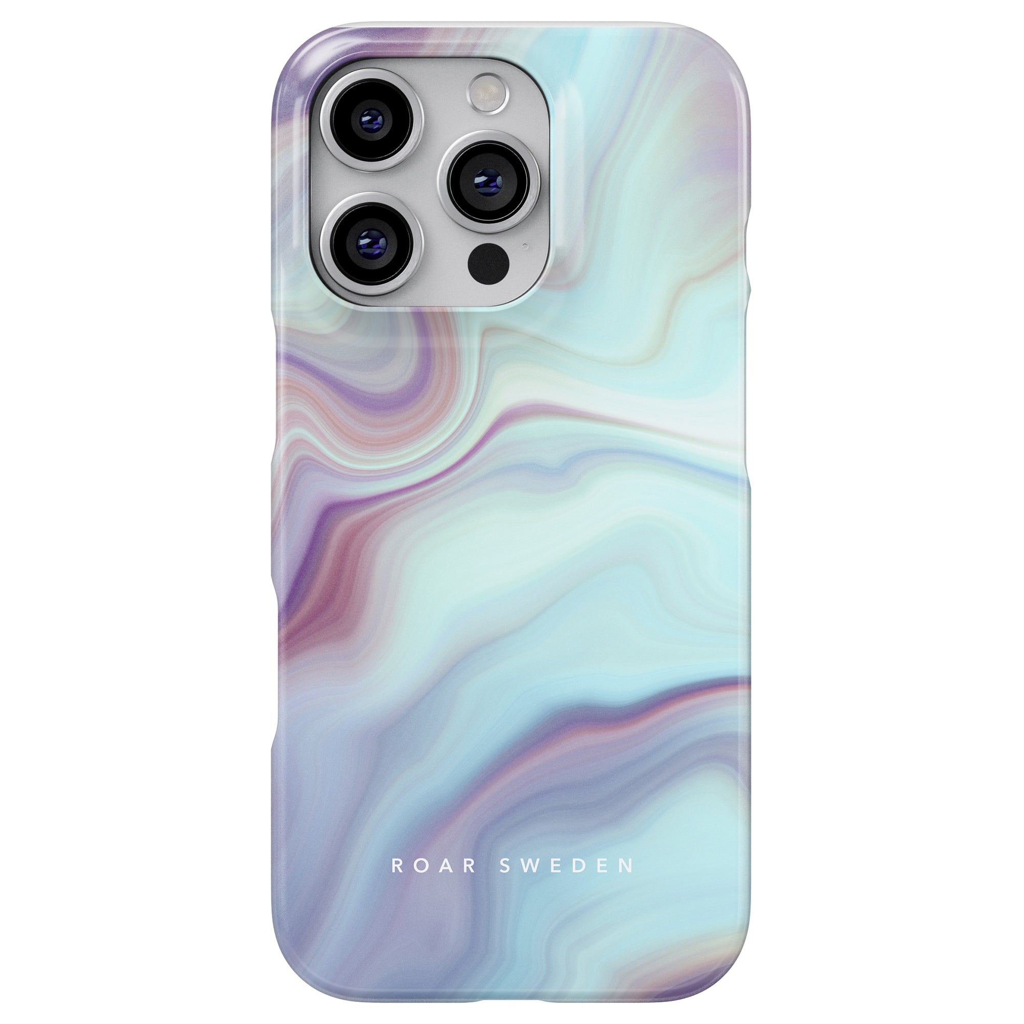 a white phone case with a blue and purple swirl design