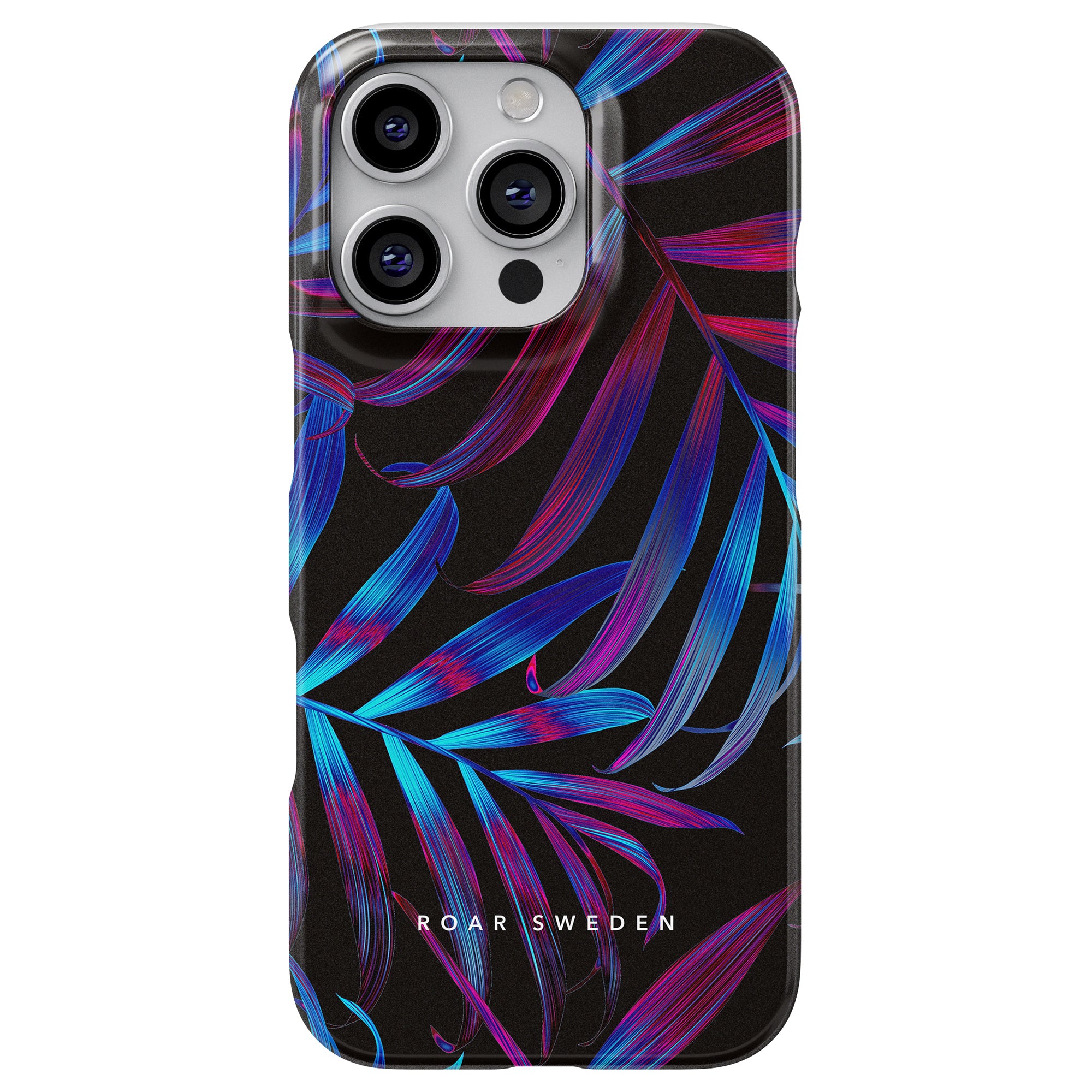 a black phone case with blue and purple leaves on it