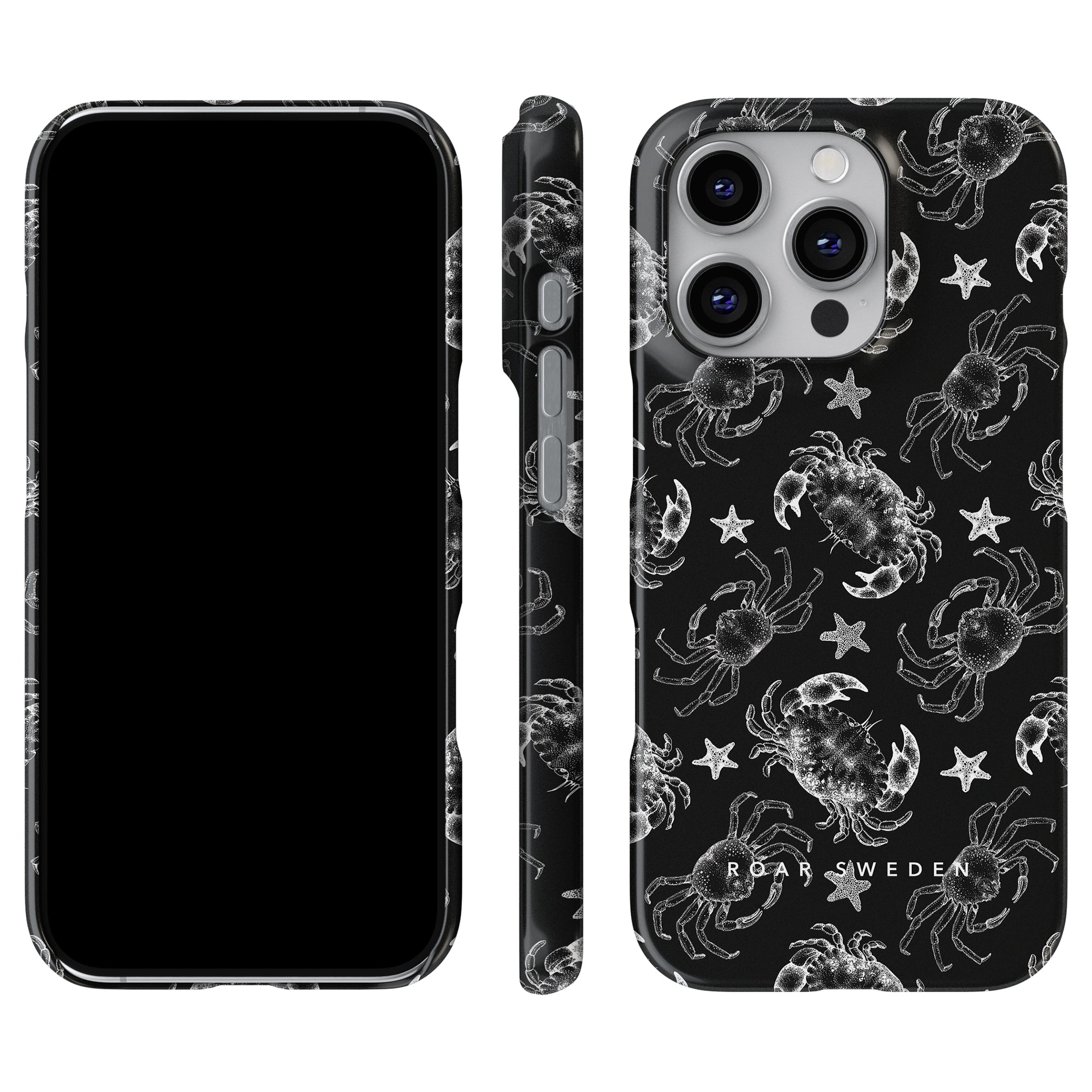 a black phone case with a pattern of crabs and stars