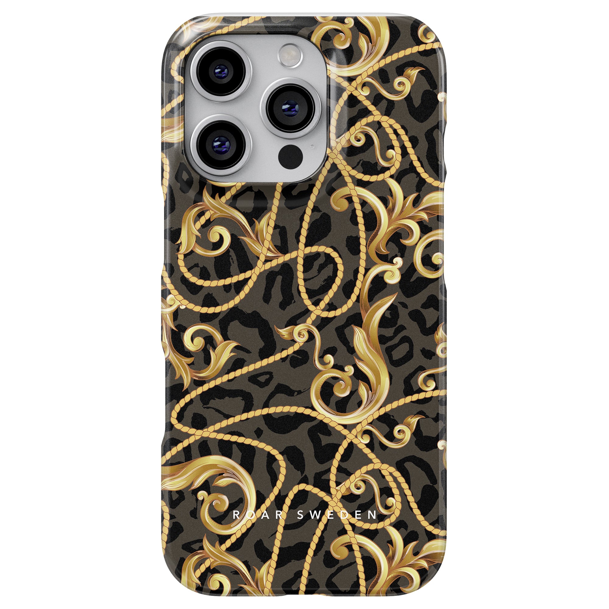 a black and gold iphone case with gold swirls