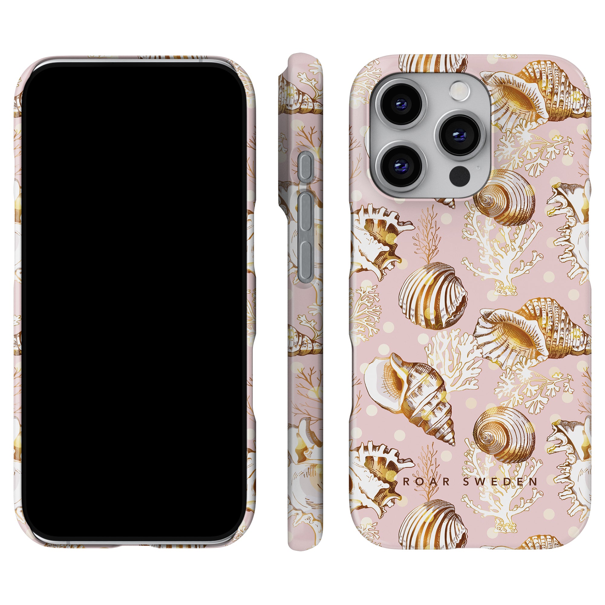 a pink phone case with seashells on it