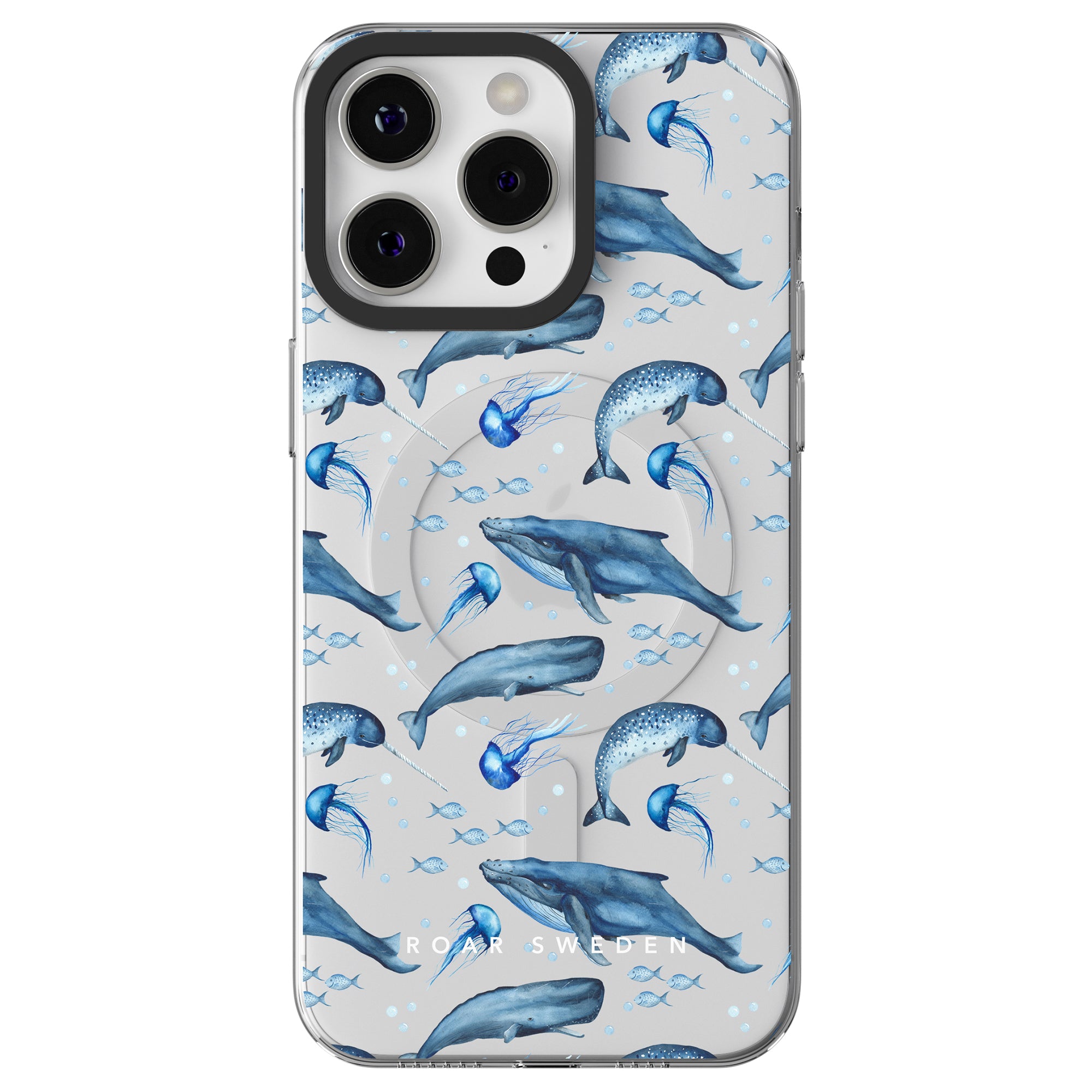 Phone case from the Ocean-kollektion featuring a pattern of whales and jellyfish on a light background, with three rear camera lenses and the text "ROAR SWEDEN" at the bottom. This Cetacea - MagSafe showcases undervattensvärldens skönhet beautifully.