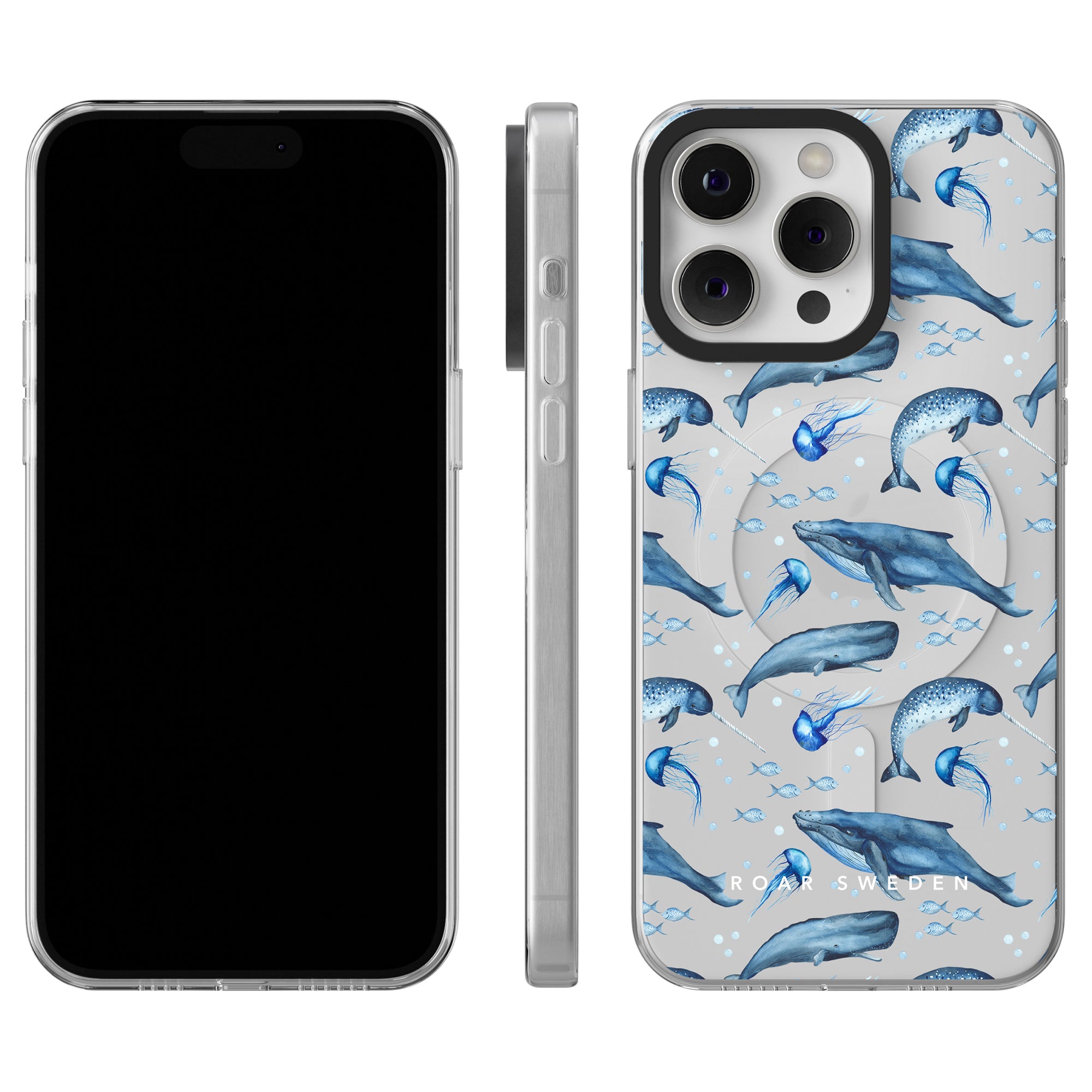 A smartphone with a blank black screen, viewed from the front, side, and back, showcasing a Cetacea - MagSafe Case adorned with whale, fish, and jellyfish illustrations on a gray background. This case beautifully captures undervattensvärldens skönhet.
