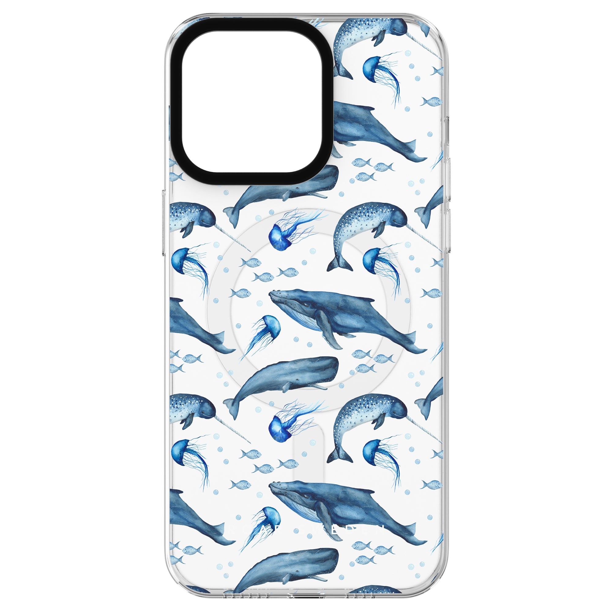 Introducing the Cetacea - MagSafe Case, featuring a stunning pattern of blue whales, jellyfish, and fish. Dive into undervattensvärldens skönhet while keeping your phone protected and stylish.