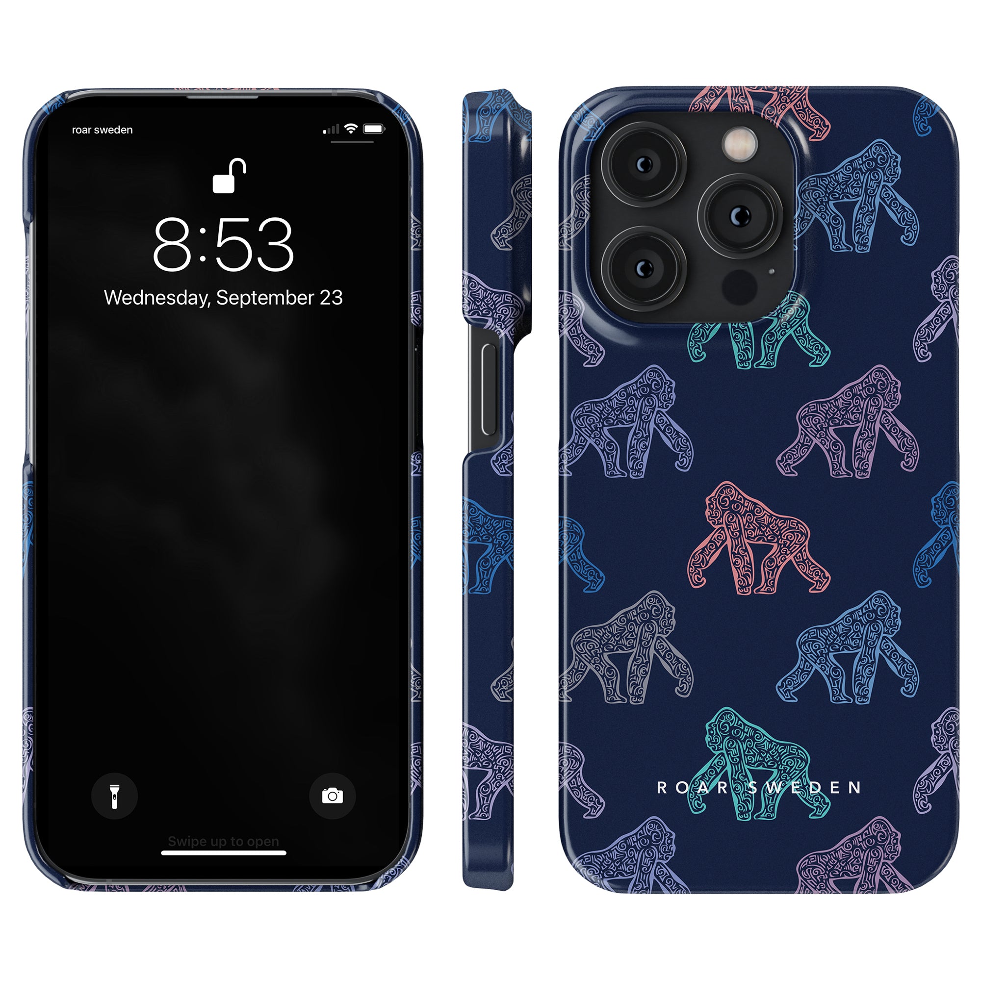 An iPhone with a dark screen next to a case from Roar Sweden featuring a repeated colorful gorilla pattern on a dark blue background. This case is known as the Ancient Gorilla - Slim case.