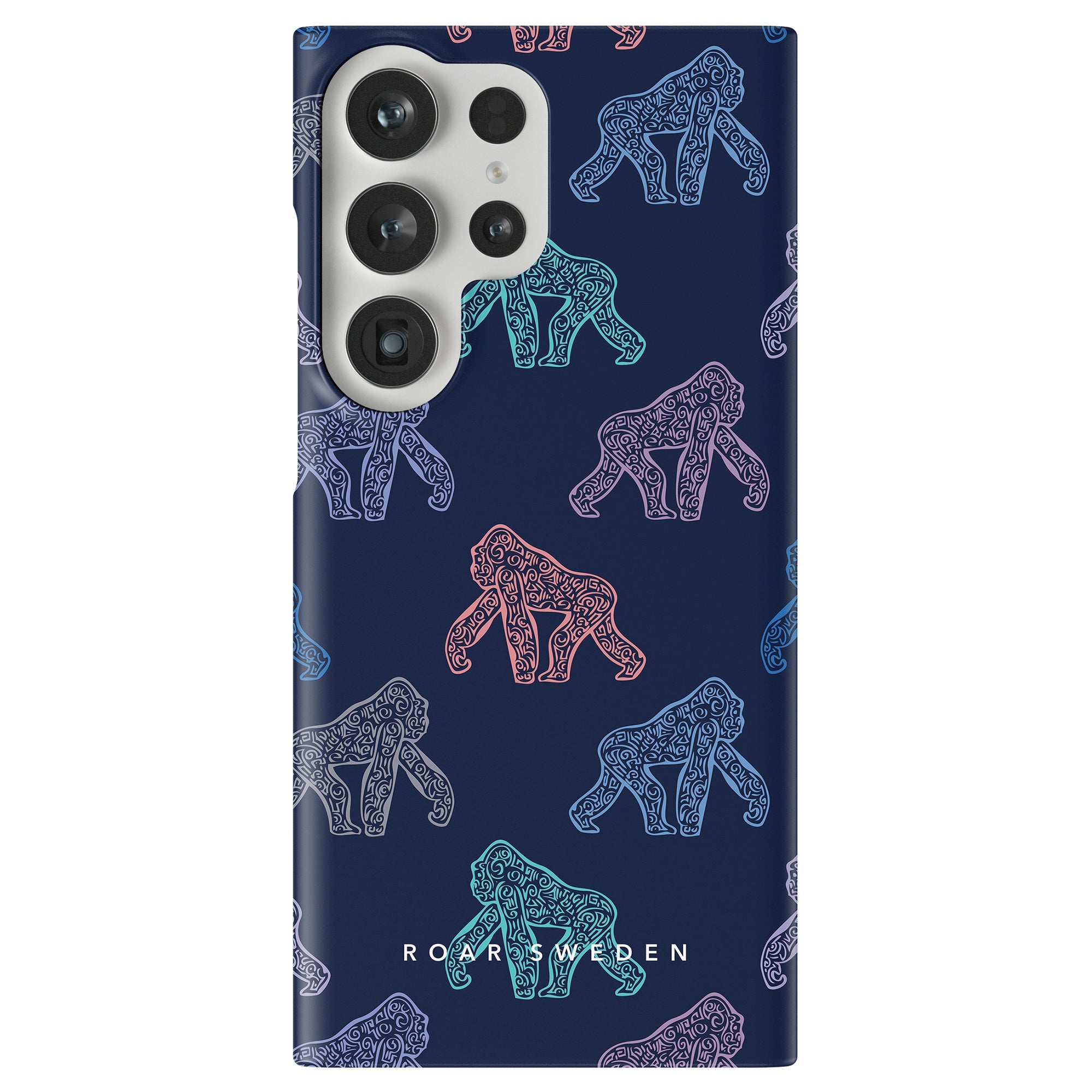 A dark blue Ancient Gorilla - Slim case showcases a vibrant pattern of intricately designed gorillas, with the phrase "ROAR SWEDEN" elegantly printed at the bottom.