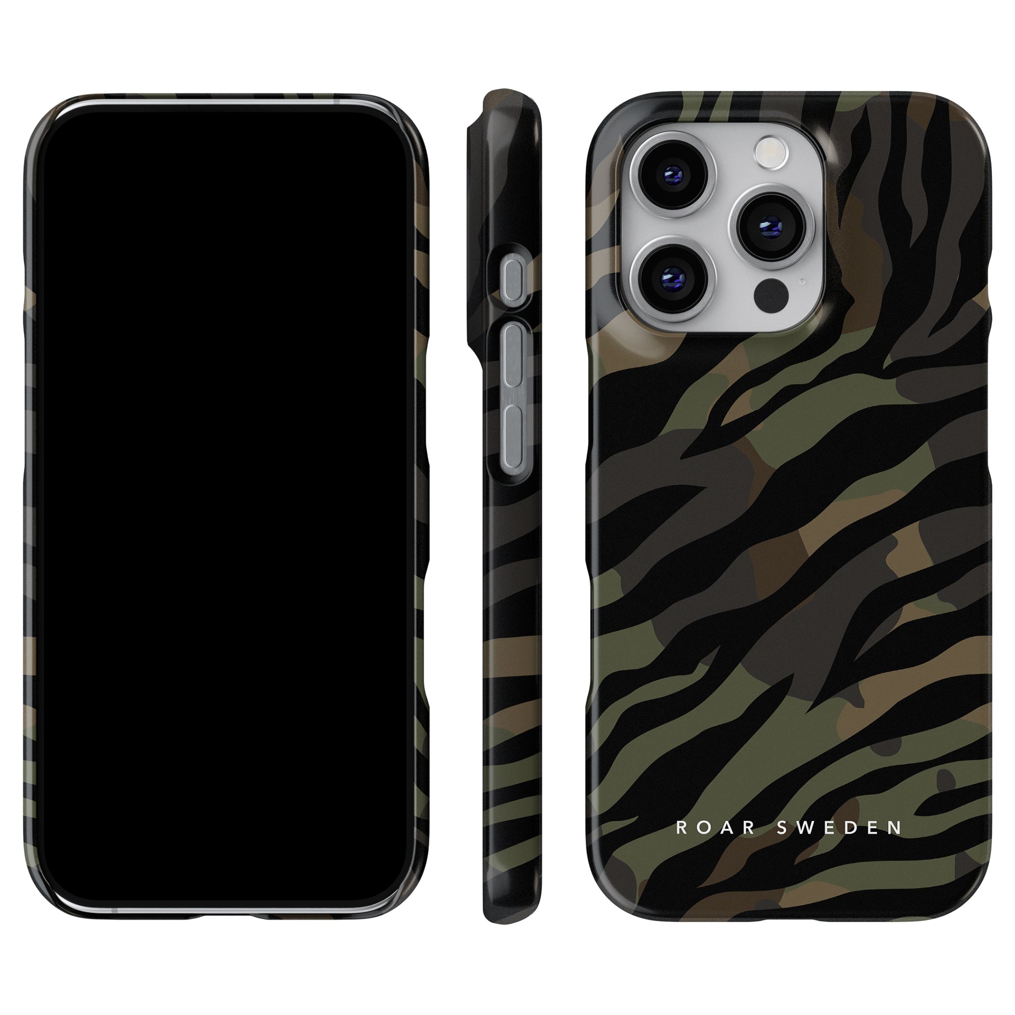 The Army - Slim case smartphone cover, featuring a camouflage pattern, is displayed from three perspectives—front, side, and back. The brand "ROAR SWEDEN" is prominently shown on the back and fits both iPhone and Samsung models.