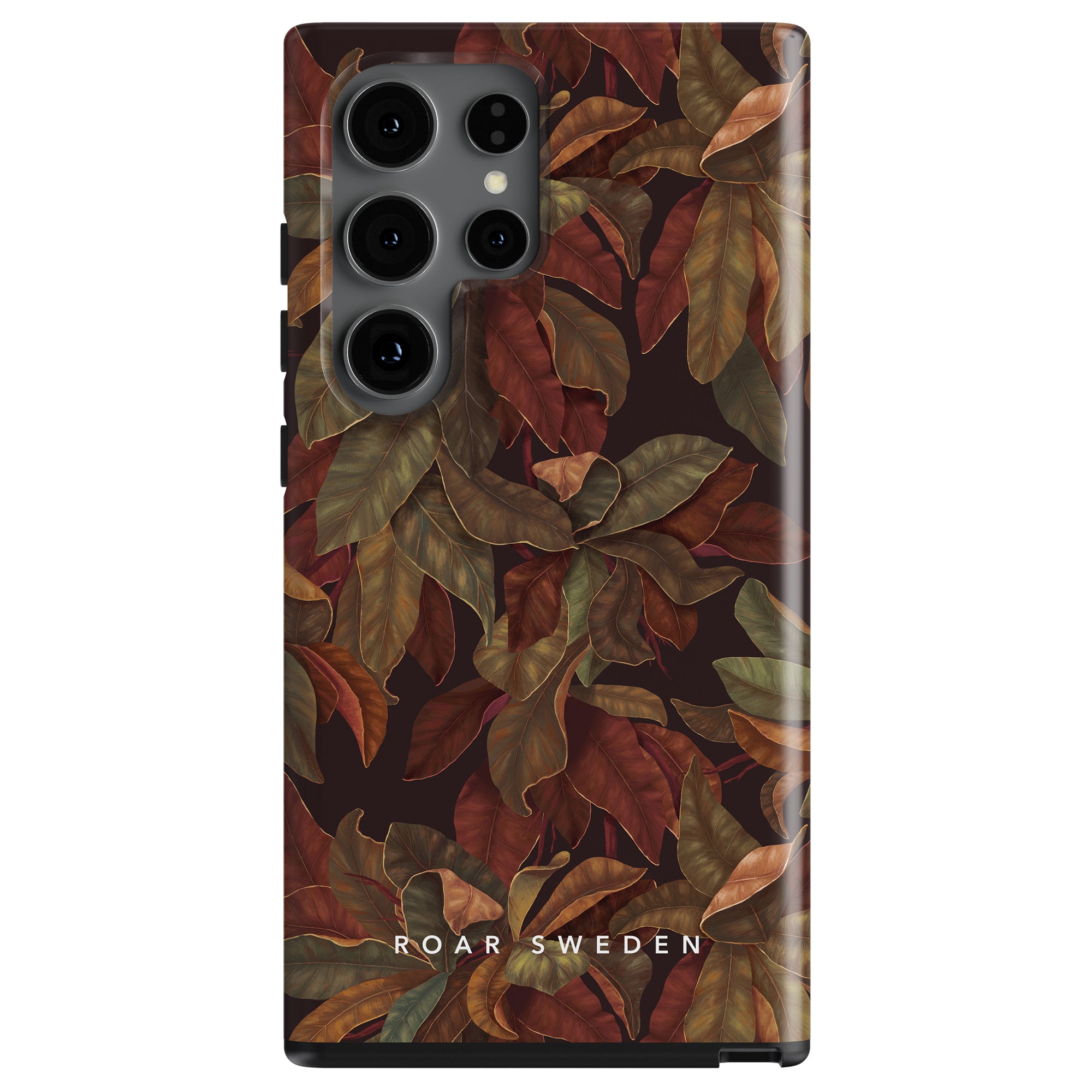 The smartphone is equipped with a brown leaf-patterned Tough Case in the "Autumn" design, enhancing its functionality with multiple camera lenses and featuring the elegant inscription "Roar Sweden" at the bottom.