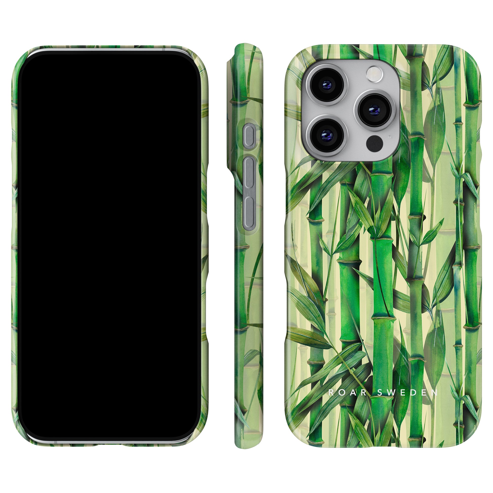 a phone case with green bamboo leaves on it