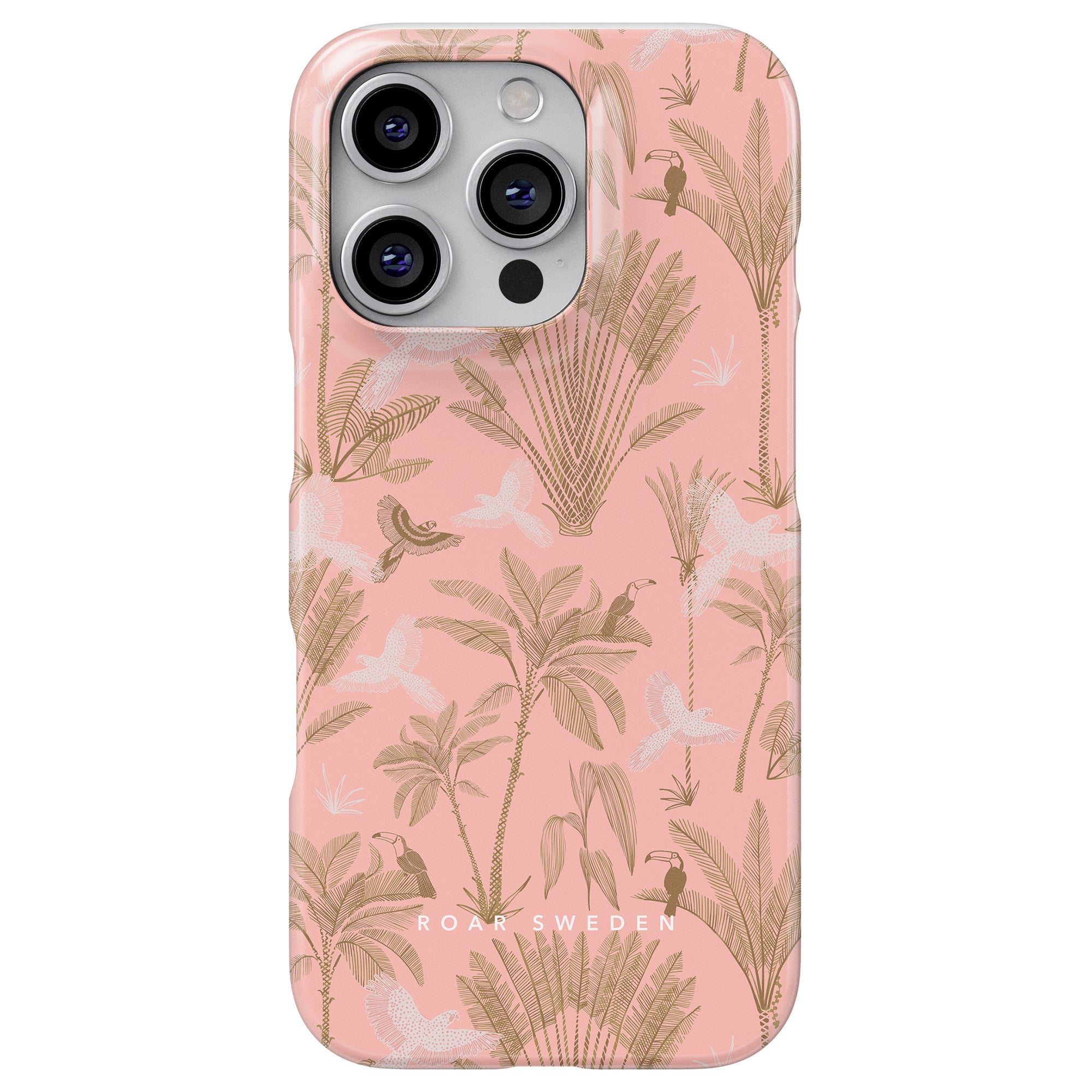 a pink phone case with birds and plants on it