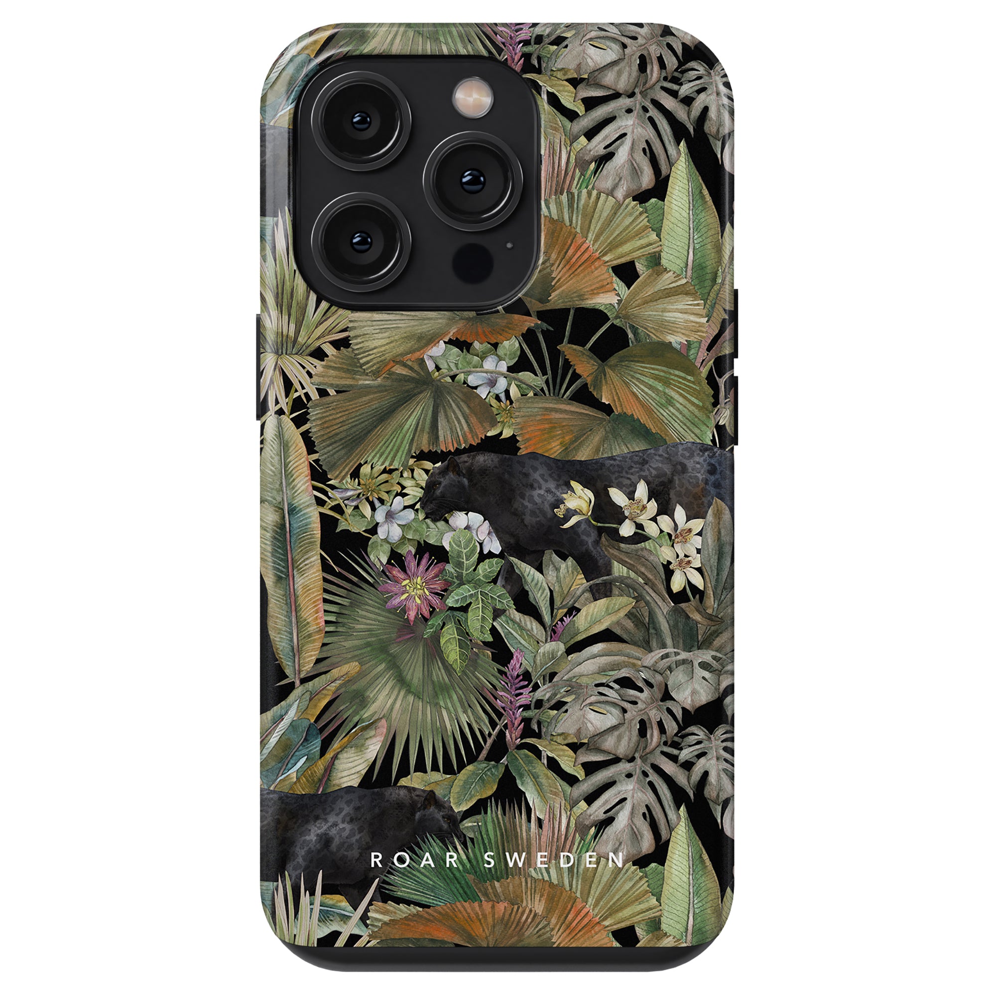 A vibrant Bagheera - Tough Case featuring tropical leaves and flowers on a sleek black background.