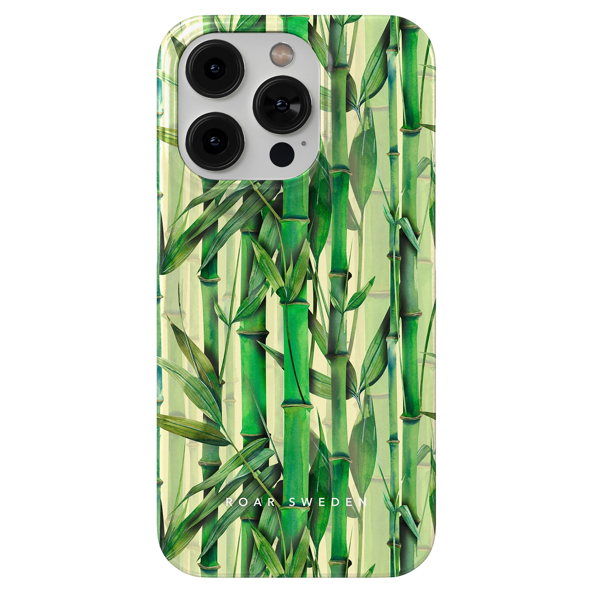 Ett Bambu - Slim Case mobiltelefonfodral med ett grönt bambumönster.