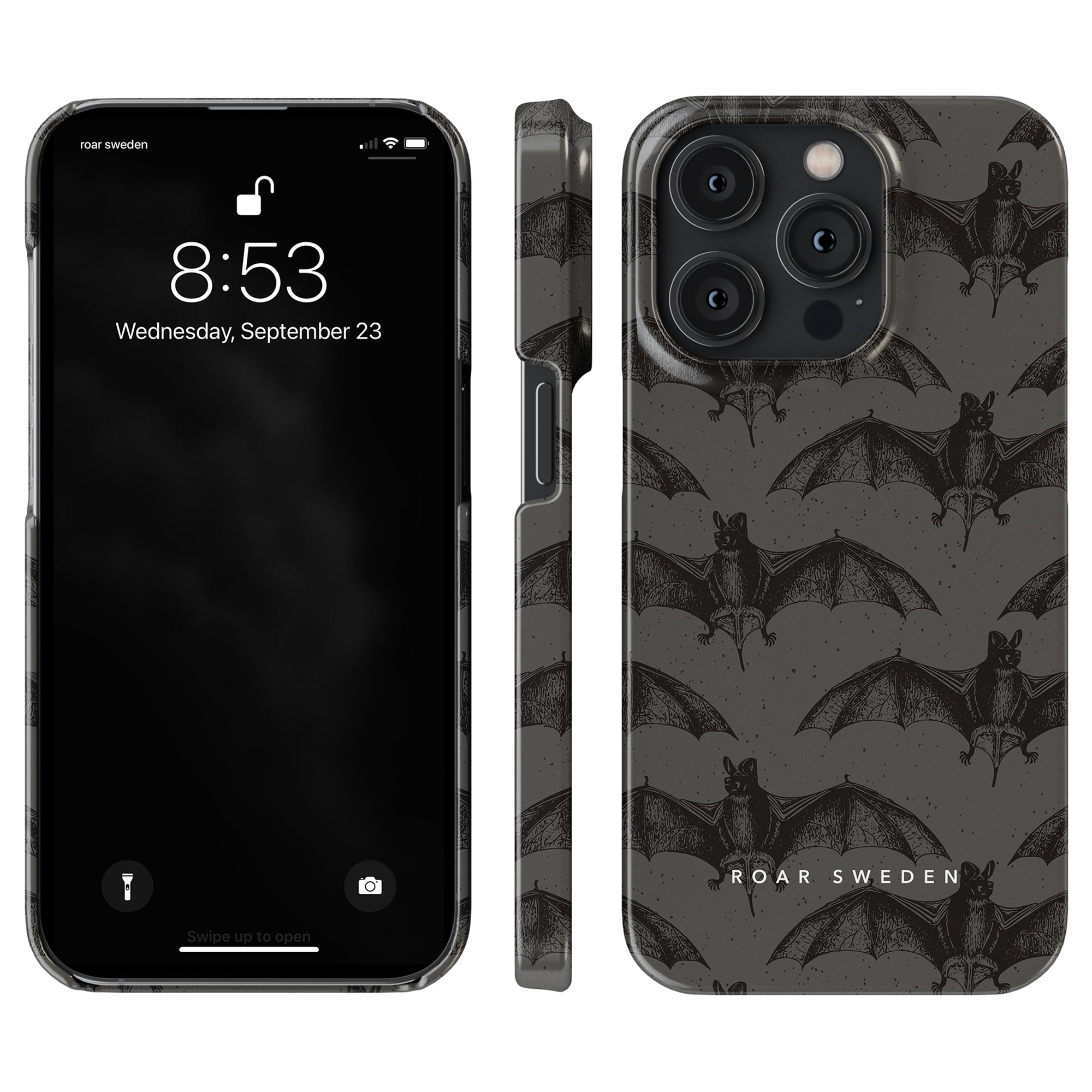 A smartphone displaying the lock screen time and date (8:53, Wednesday, September 23) next to a sleek Slim case decorated with bats illustrations and the text "ROAR SWEDEN.