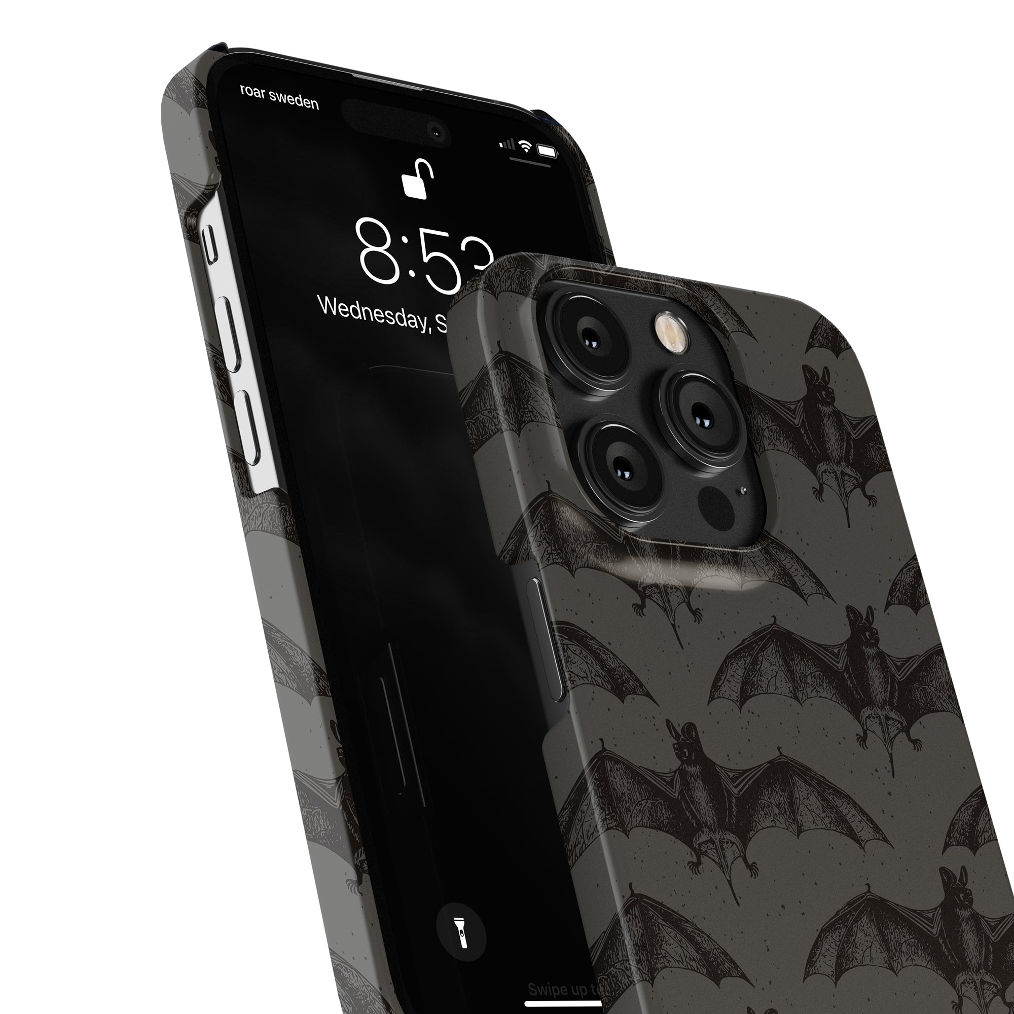 A close-up image of a smartphone with the Bats - Slim case. The sleek case elegantly complements the phone's design, and the screen displays the time as 8:53 and date as Wednesday, September 7.