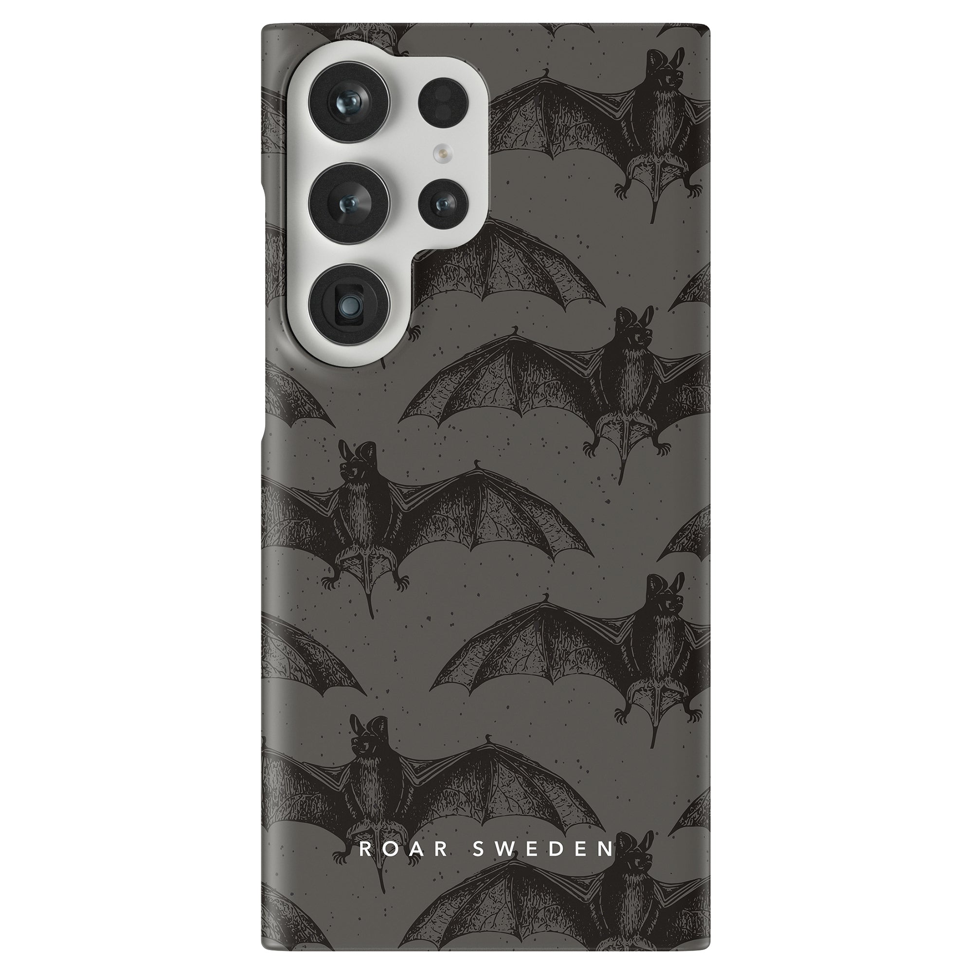 Introducing the Bats - Slim Case: a stylish gray case adorned with a pattern of black bats and the text "Roar Sweden" elegantly printed at the bottom.