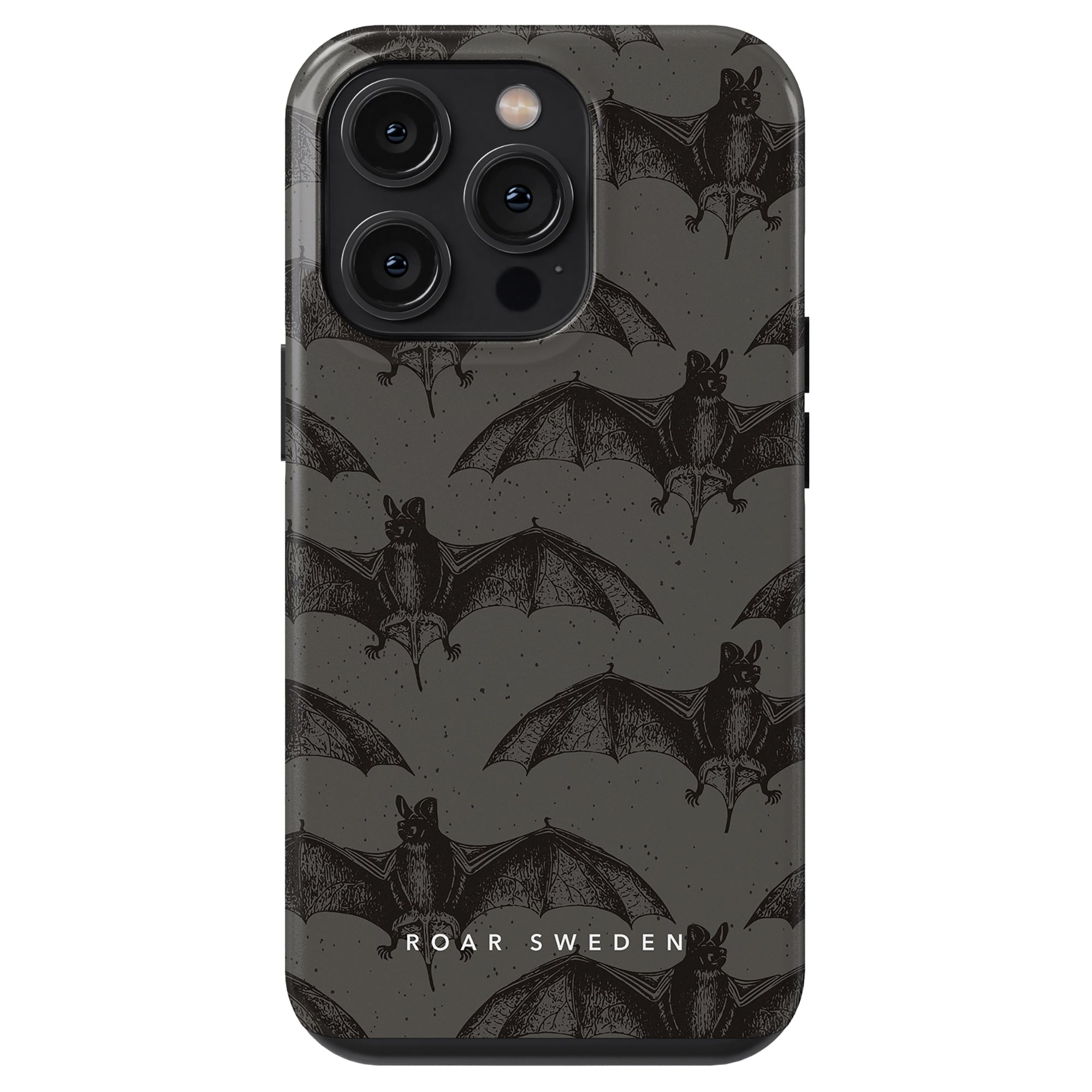 A Bats - Tough case featuring a pattern of black fladdermöss on a dark background, with the text "ROAR SWEDEN" printed at the bottom.