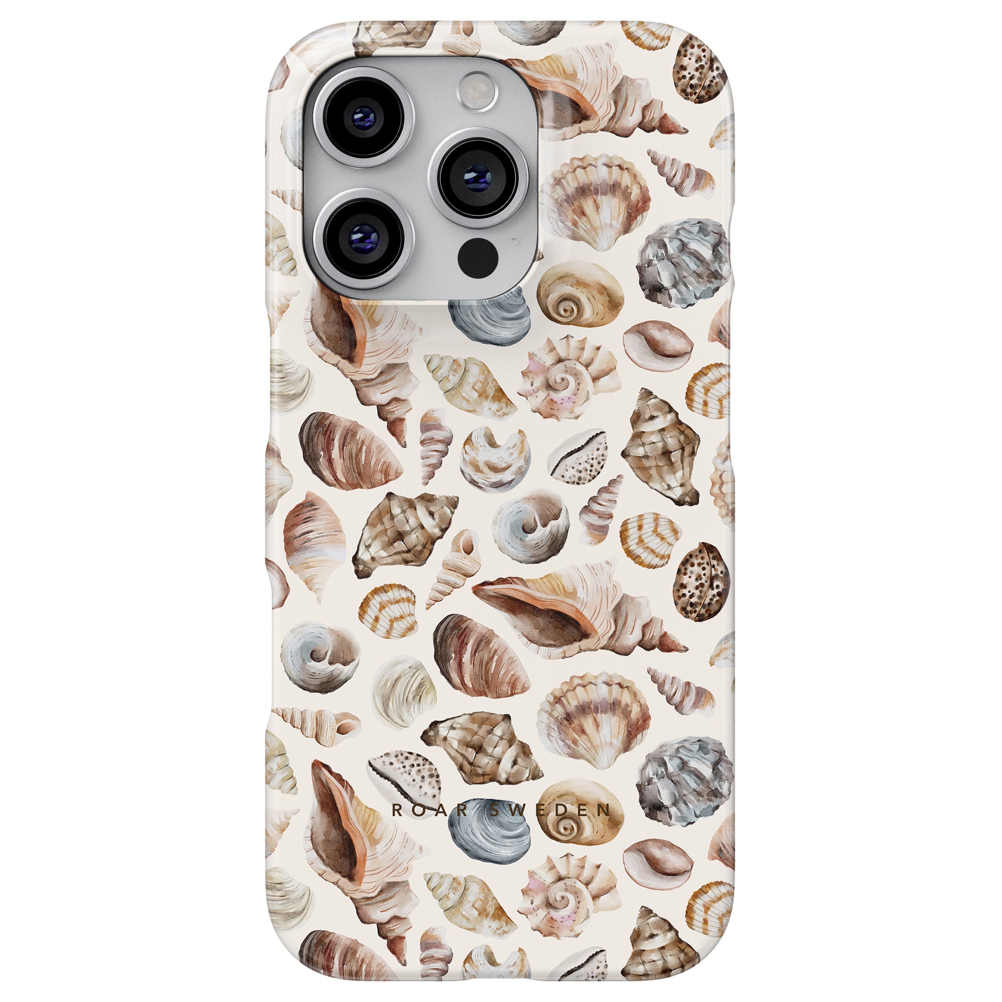 Beach Shells - Slim fodral, med sina eleganta snäckskalsmönster och neutrala toner, framhävs på en smartphone.