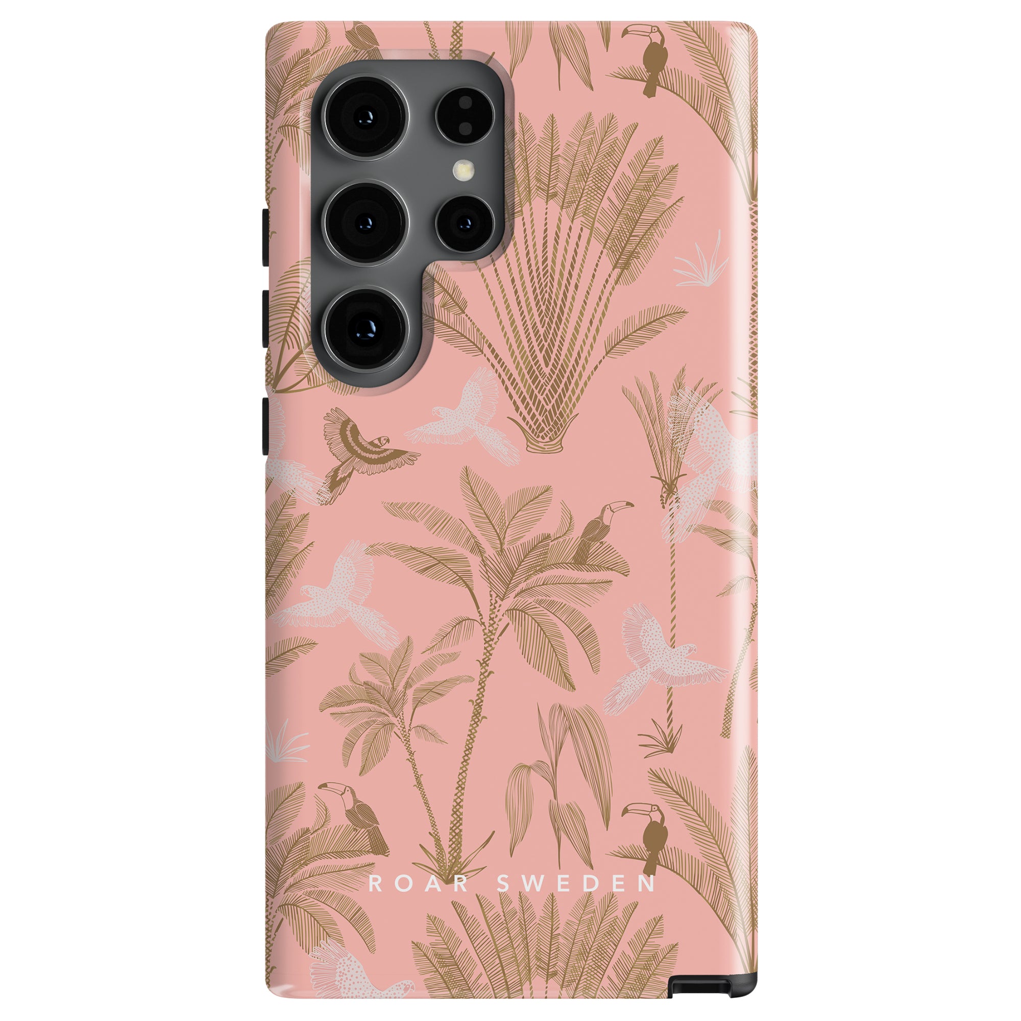 A Birds Paradise - Tough Case for your smartphone, featuring a pink back cover with tropical leaf and bird patterns in brown and white. The text at the bottom reads "ROAR SWEDEN." This stylish mobilaccessoar has four buttons visible on the left side, perfect for iPhone och Samsung skal.