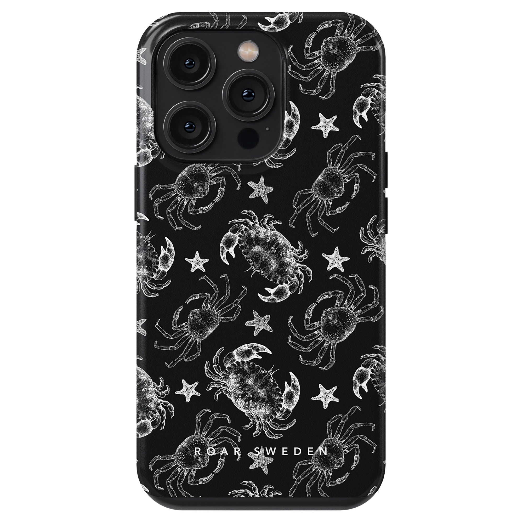 A black phone case with white illustrations of crabs, starfish, and lobsters from the Ocean Collection. The brand name "Roar Sweden" is printed at the bottom. This Black Crab - Tough Case offers both style and protection as a robust mobilskal.