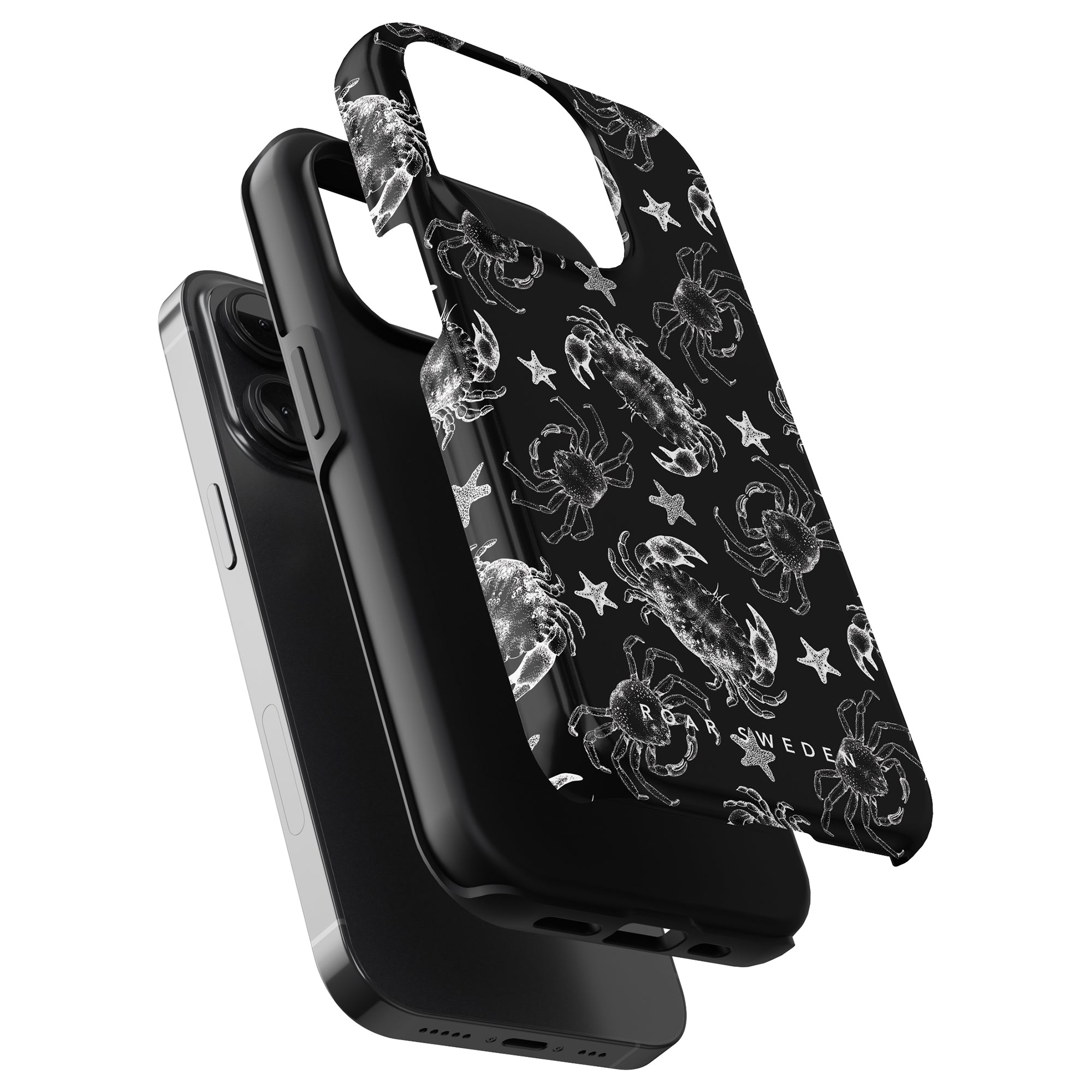 Three phone cases are shown in black and white, one of which is a Black Crab - Tough Case featuring skulls and stars from the Ocean Collection.